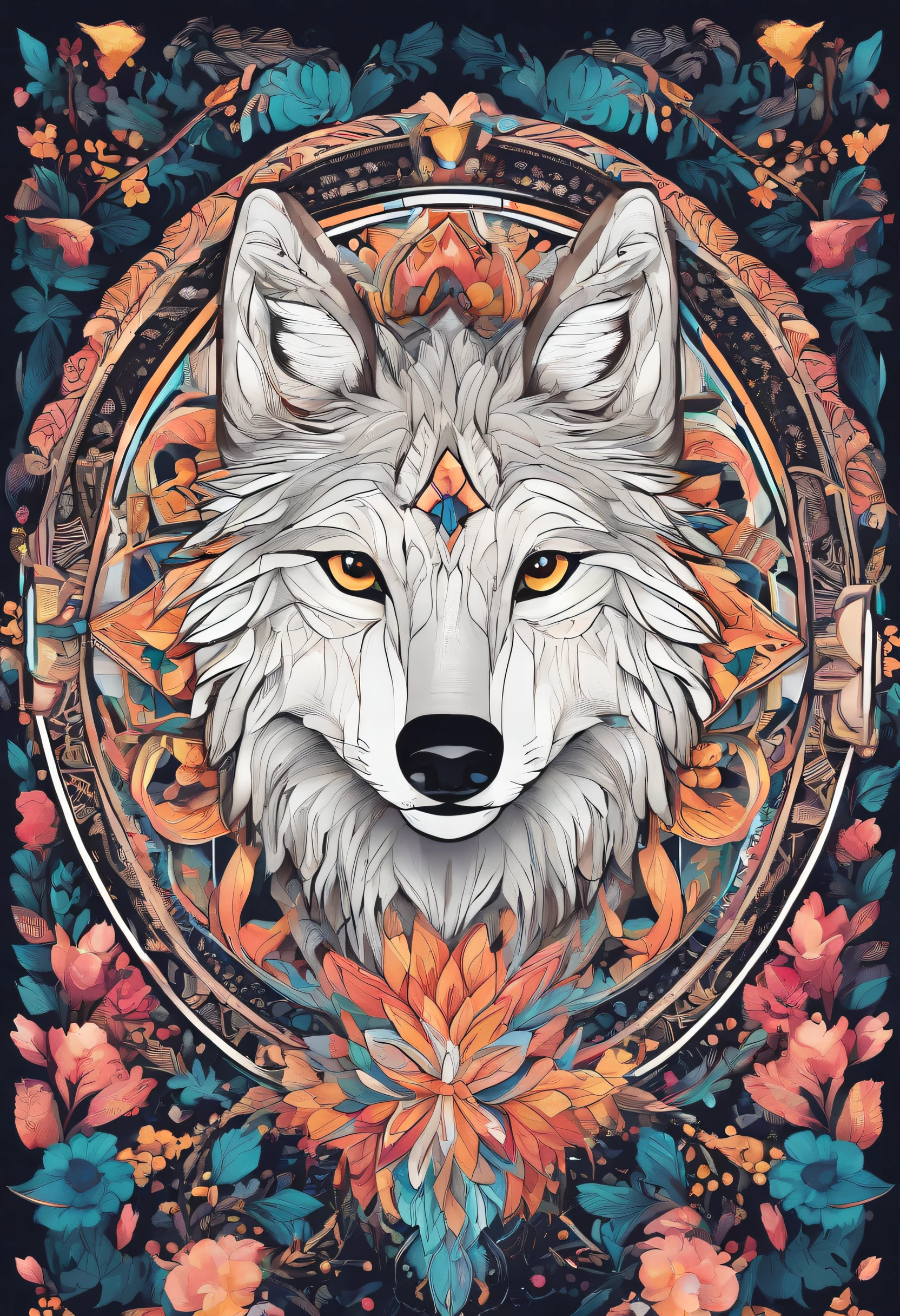 Vivid color painting of simple and cute wolf-based mandala