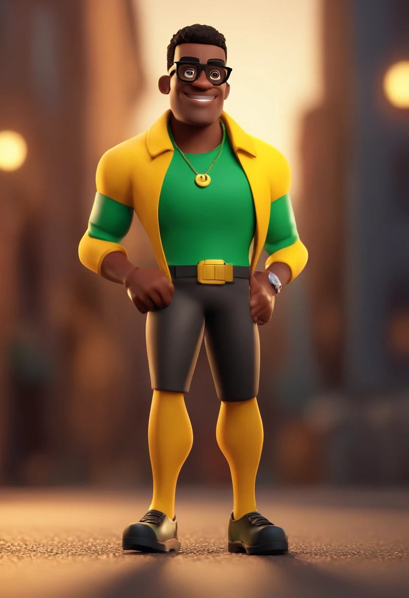 Cartoon character of a black man with black glasses, yellow lens, black debsrba and a green shirt, animation character, Caractere estilizado, animation style rendering, 3D estilizado, Arnold Maya render, 3 d render stylized, toon render keyshot, Personagem 3D, Personagem 3D, 3d rendering stylized, 3 d character render, personagem de desenho animado, Personagem de close up, Pose de personagem, (Estilo Pixar) (master part:1.2) (Bokeh) (best quality) (pele detalhada) (textura detalhada) (8k) (argila) (Cinematic lighting) (foco nítido