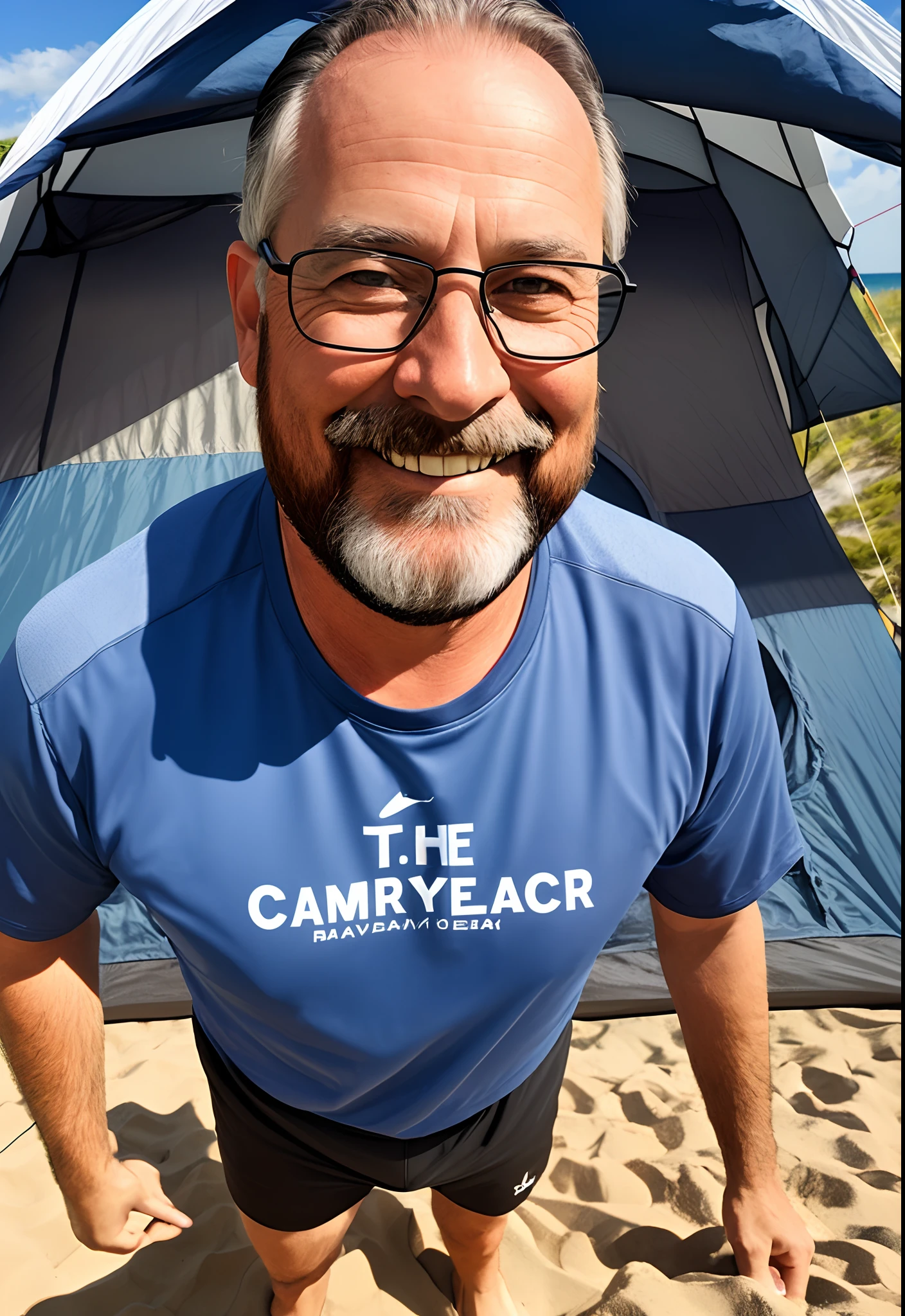 a film poster inspired by Disney Pixar with the title Camping, beach, the scene should be in digital art style, with a focus on expressions, vibrant colors.
43-year-old woman, long, straight, dark brown hair, transparent rectangular glasses, brown eyes, smiling, chubby, smiling, wearing a black swimsuit and a white and brown beach cover-up. 43-year-old man, long straight black hair, long beard, mustache, wearing shorts and t-shirt, fat, smiling. gray and blue beach and camping tent background