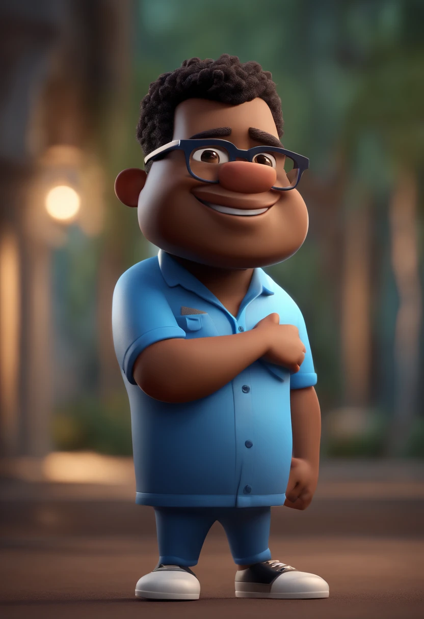 Cartoon character of a man with black glasses, cabelo cacheado marrom escuro e uma camisa azul, animation character, Caractere estilizado, animation style rendering, 3D estilizado, Arnold Maya render, 3 d render stylized, toon render keyshot, Personagem 3D, Personagem 3D, 3d rendering stylized, 3 d character render, personagem de desenho animado, Personagem de close up, Pose de personagem,  (Estilo Pixar) (master part:1.2) (Bokeh) (best quality) (pele detalhada) (textura detalhada) (8k) (argila) (Cinematic lighting) (foco nítido