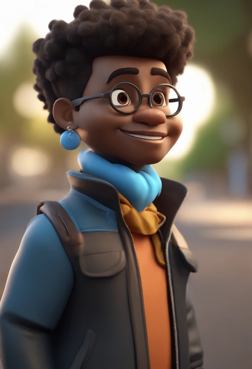 Cartoon character of a curly black man shaved on the side with black glasses and a blue shirt, animation character, Caractere estilizado, animation style rendering, 3D estilizado, Arnold Maya render, 3d stylized rendering, toon render keyshot, Personagem 3D, Personagem 3D, 3d rendering stylized, 3 d character render, personagem de desenho animado, Personagem de close up, Pose de personagem,  (Estilo Pixar) (master part:1.2) (Bokeh) (best quality) (pele detalhada) (textura detalhada) (8k) (argila) (Cinematic lighting) (foco nítido