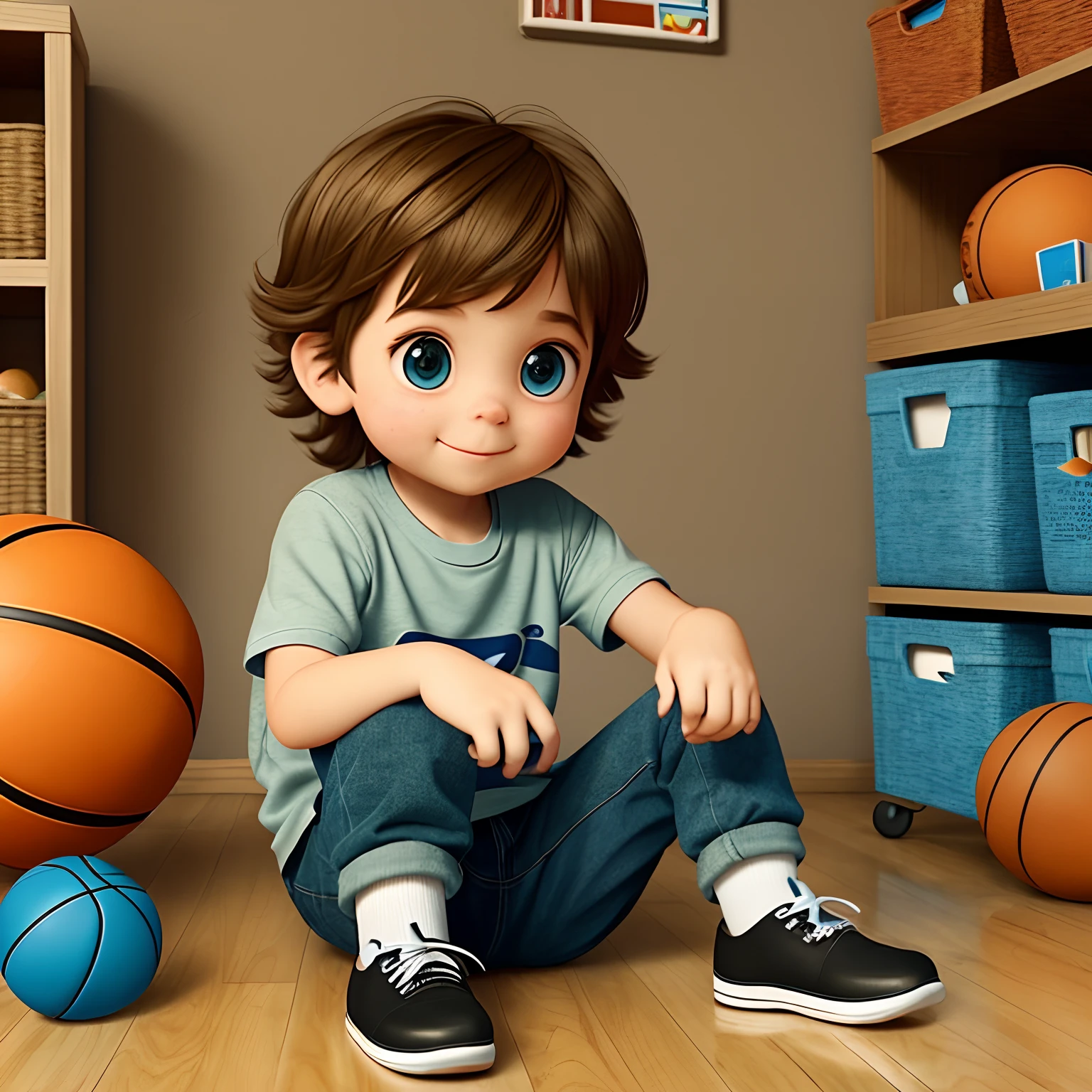 Little boy seen from the front sitting in the room, surrounded by many basketballs, Pixar style, 3D style, Disney style, 8k, cute