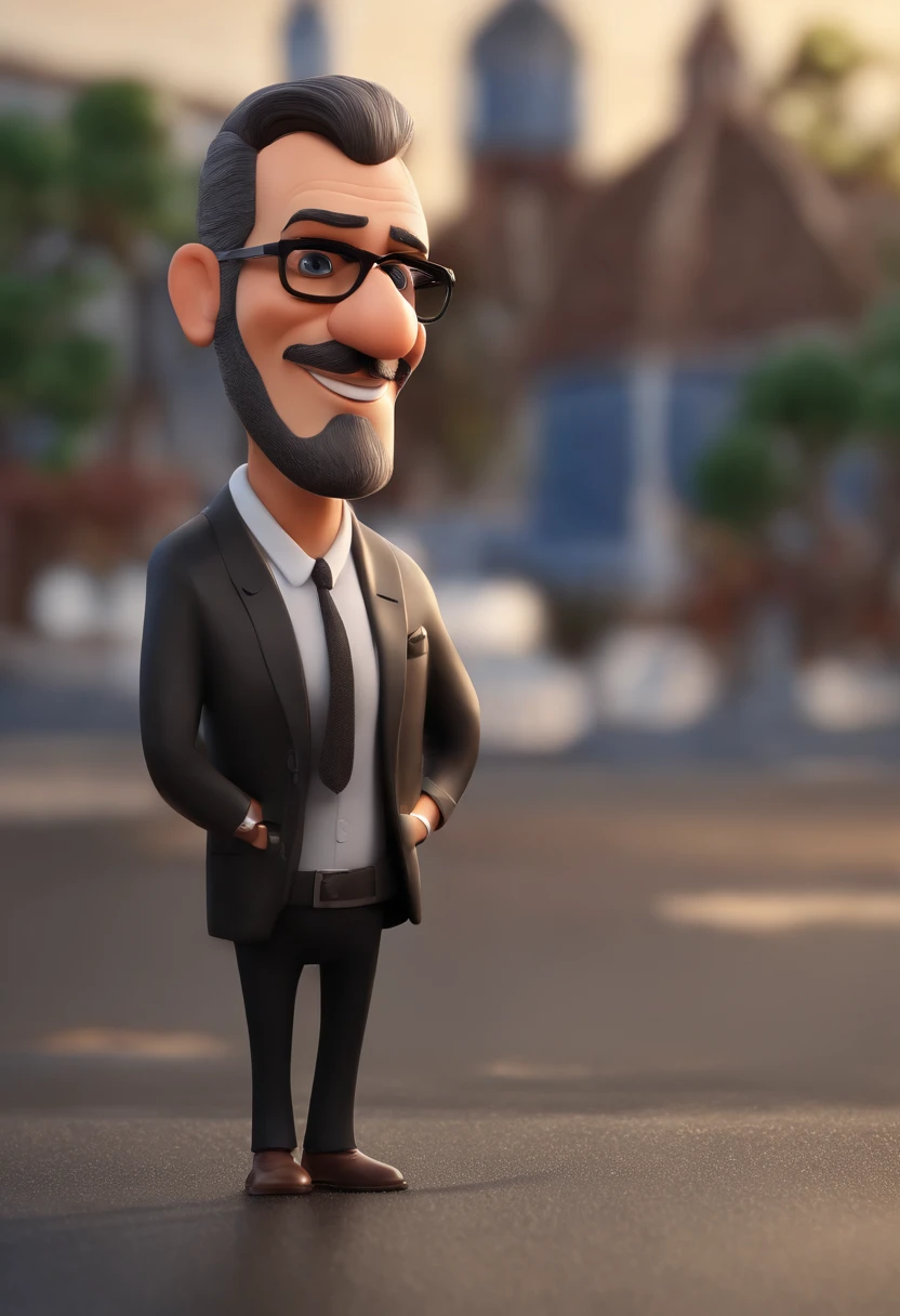 personagem dos desenhos animados de um homem de 40 anos, careca, BARBA BAIXA, with black glasses and a black suit, animation character, Caractere estilizado, animation style rendering, 3D estilizado, Arnold Maya render, 3 d render stylized, toon render keyshot, Personagem 3D, Personagem 3D, 3d rendering stylized, 3 d character render, personagem de desenho animado, Personagem de close up, Pose de personagem, (Estilo Pixar) (master part:1.2) (Bokeh) (best quality) (pele detalhada) (textura detalhada) (8k) (argila) (Cinematic lighting) (foco nítido