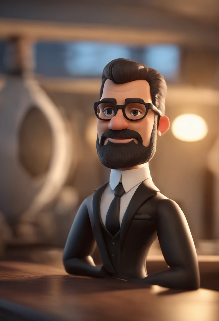 personagem dos desenhos animados de um homem de 40 anos, careca, BARBA BAIXA, with black glasses and a black suit, animation character, Caractere estilizado, animation style rendering, 3D estilizado, Arnold Maya render, 3 d render stylized, toon render keyshot, Personagem 3D, Personagem 3D, 3d rendering stylized, 3 d character render, personagem de desenho animado, Personagem de close up, Pose de personagem,  (Estilo Pixar) (master part:1.2) (Bokeh) (best quality) (pele detalhada) (textura detalhada) (8k) (argila) (Cinematic lighting) (foco nítido