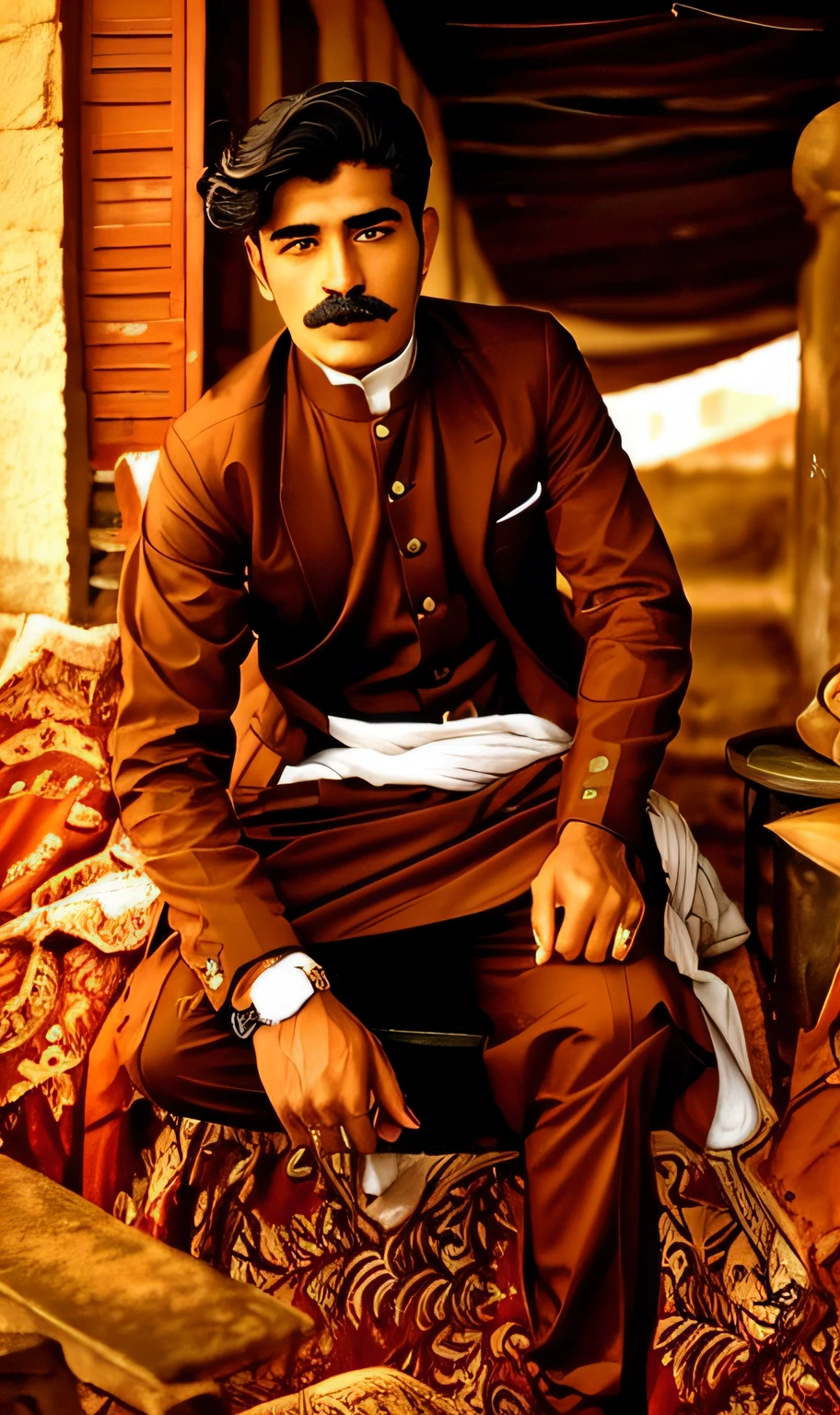 there is a man sitting on a chair with a moustache on his face, very very low quality picture, khyzyl saleem, by Riza Abbasi, around 1 9 years old, handsome man, kyza saleem, old picture, a photo of a man, with mustache, candid picture, dressed in a jodhpuri suit