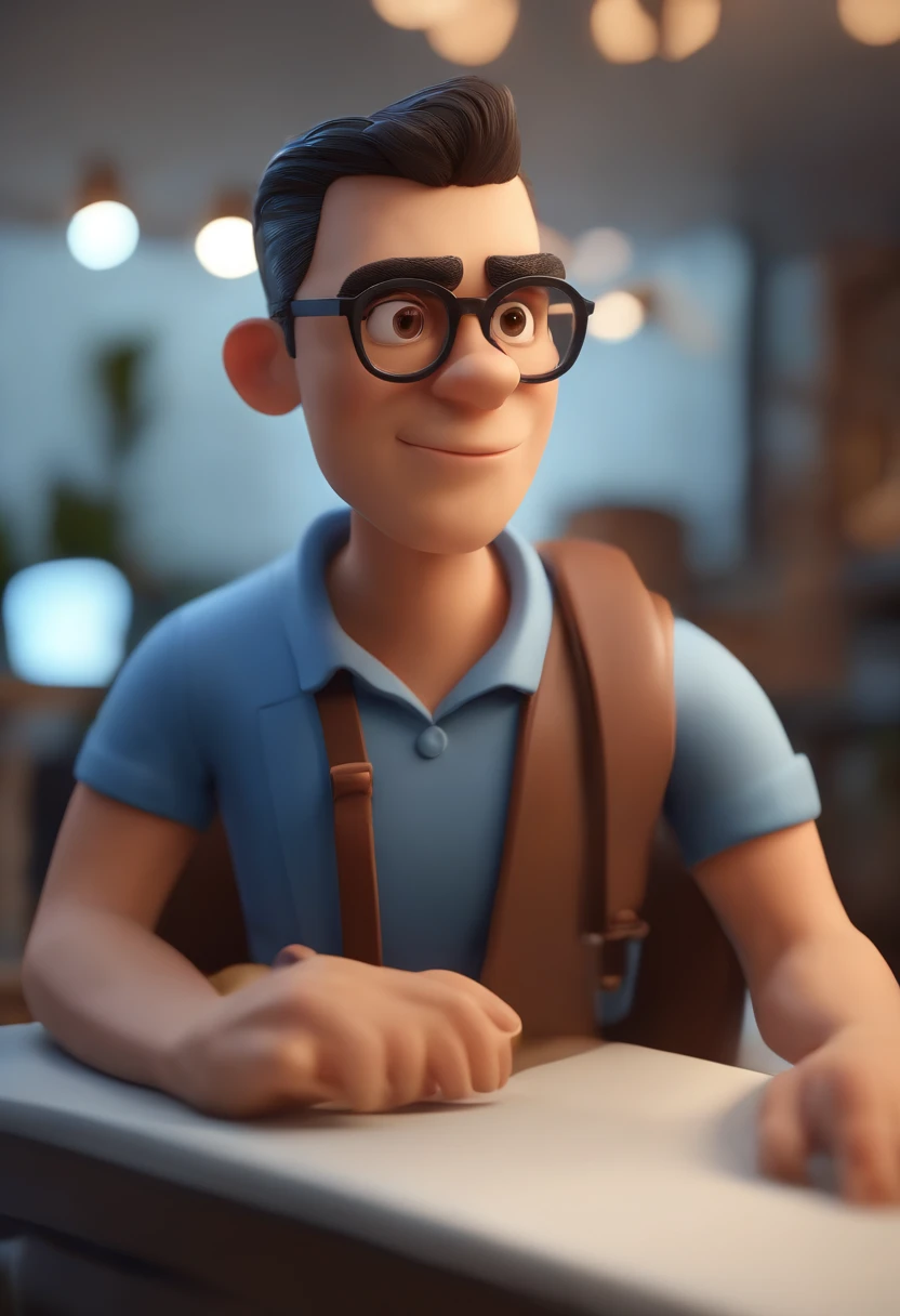 Cartoon character of a man wearing black glasses and a blue shirt, um personagem animado, Caractere estilizado, animation style rendering, 3D estilizado, Arnold Maya render, 3 d render stylized, toon render keyshot, Personagem 3D, Personagem 3D, 3d rendering stylized, 3 d character render, personagem de desenho animado, Personagem de close up, Pose de personagem, (Estilo Pixar) (master part:1.2) (Bokeh) (best quality) (pele detalhada) (textura detalhada) (8k) (argila) (Cinematic lighting) (foco nítido,Senta e vaza a parte superior do corpo