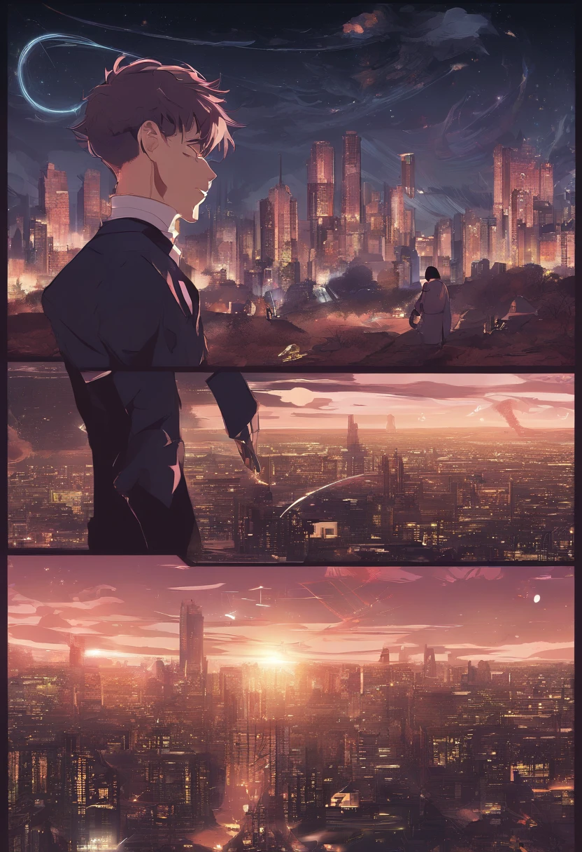 Album cover design description: 1. **Basic background**: South Korea, Blur city night view. The light of the car, Flickering buildings, The demolition of the city, And the moon rising in the distance forms the background. 2. **centered image**: A character (South Korean) is facing away and has his hands on his head. His shoulders look a little heavy, but above his head there are bright stars, giving the impression of a subtle glow. 3. **Bottom image**: An atomic explosion. 4. **Text Design**: "Woooooo" The font of the part is small among the buildings in the background, it was designed to shine like a light. 5. **Colors**: The colors of the album as a whole add a bit of vintage tones, creating a melancholic yet warm feeling. The cover of this album is about the difficulties and responsibilities of life, and expressing the importance of that period, against the backdrop of the city's night view, conveys a message about time itself and the value of the moment.