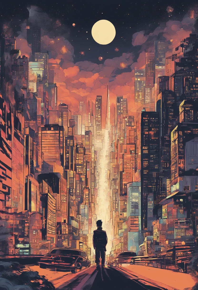 Album cover design description: 1. **Basic background**: South Korea, Blur city night view. The light of the car, Flickering buildings, The demolition of the city, And the moon rising in the distance forms the background. 2. **centered image**: A character (South Korean) is facing away and has his hands on his head. His shoulders look a little heavy, but above his head there are bright stars, giving the impression of a subtle glow. 3. **Bottom image**: An atomic explosion. 4. **Text Design**: "Woooooo" The font of the part is small among the buildings in the background, it was designed to shine like a light. 5. **Colors**: The colors of the album as a whole add a bit of vintage tones, creating a melancholic yet warm feeling. The cover of this album is about the difficulties and responsibilities of life, and expressing the importance of that period, against the backdrop of the city's night view, conveys a message about time itself and the value of the moment.