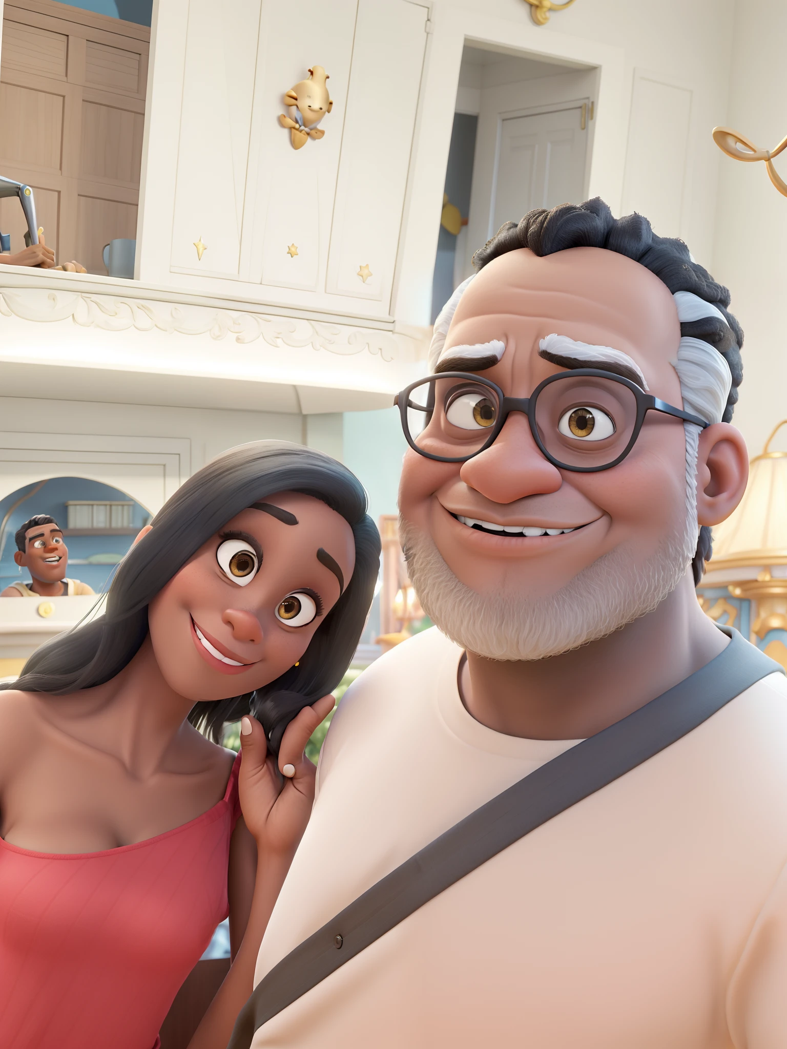 casal negros homem e mulher no estilo Disney Pixar, alta qualidade, melhor qualidade,sem cabelo branco, Strive to maintain the likeness.
