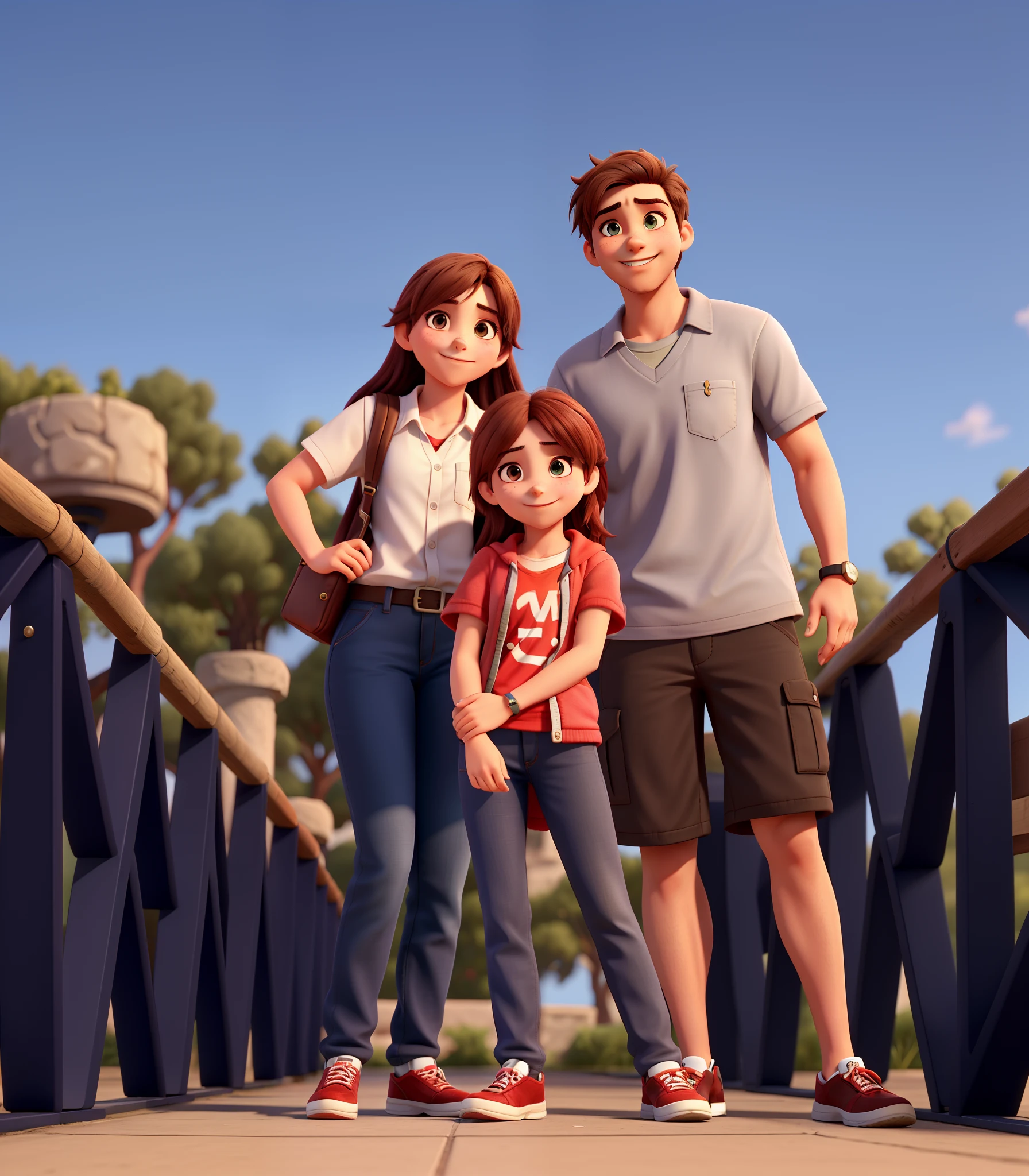 The secondary character is a girl. O personagem masculino possui barba e todos estao sorrindo