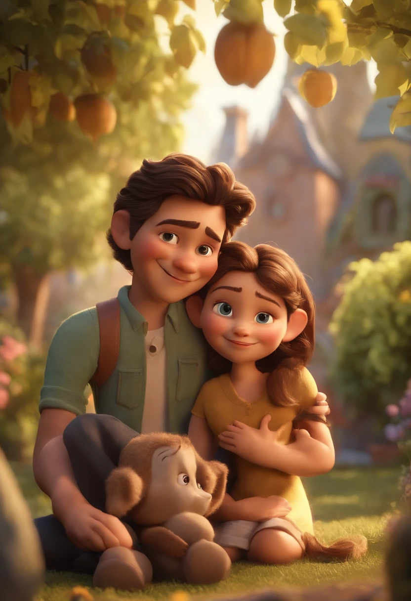 Create a Disney PIXAR-style 3D poster, ((2 Adults 1 1 Child Bolescente meninos no meio ao , They're hugging each other,Um adolescente menino tem pele branca e cabelos longos castanhos escuros e olhos castanhos escuros, Um mulher tem pele branca e cabelos longos preto e olhos castanhos escuros e vestido colorido, outro menino menor tem cabelo preto e olhos castanhos escuros, Um homem tem pele branca e careca e olhos castanhos claro , ((tudo isso no estilo Disney PIXAR 3D, In the background, A house of sunflowers, Gloria Studio, The garden is full of nature 3D render RTX clay material, estilo de design cartunesco, POP Mart, soft lighting, linhas suaves, Spring tilt, Detailed illustrations of PIXAR 3D, Detalhes hiper-realistas, cor quente no estilo Disney PIXAR 3D))