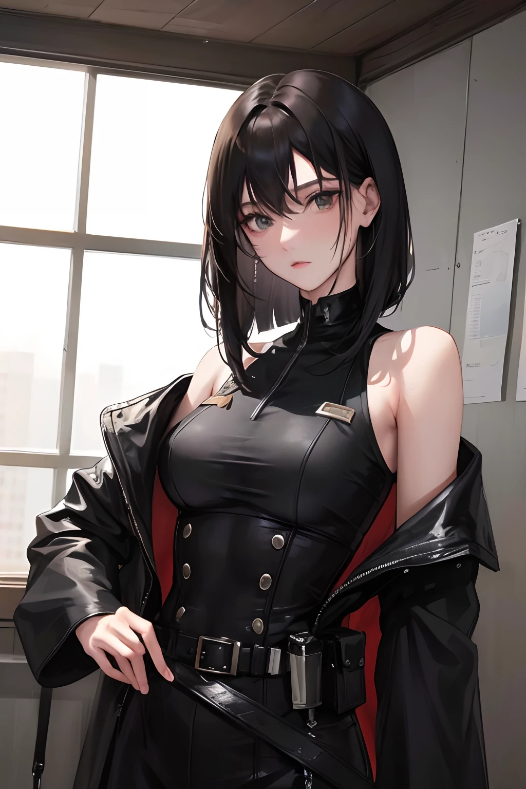 (Top resolution, Distinct_image) best qualtiy, femele, masutepiece, Highly detailed, Half realistic, With short black hair, Black hair, Bangs, 21 years old, shoulder-length hair, Mature, 年轻, Black clothing, Black uniform, Army Suit, Military Academy, Beautiful, Heroic, Heroic, Indoor background, Delicate and delicate facial features
