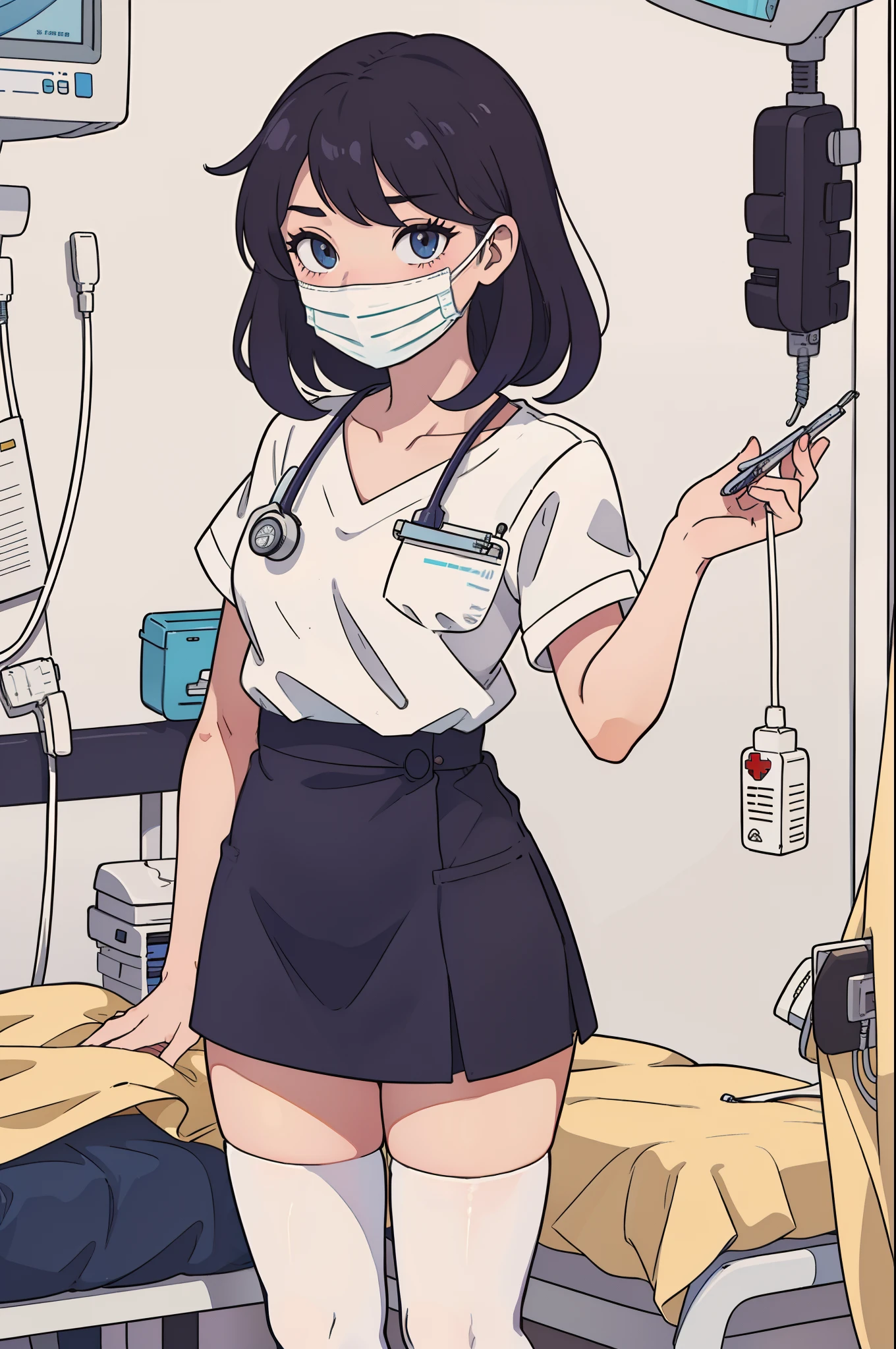 1girl, solamente, enfermera, Gorra de enfermera, Desgaste blanco, ((Legwear blanco, Zettai Ryouiki)), Guantes blancos, gafas, cabello azul, ojos naranjas, ((White surgical mask, nariz cubierta)), En pie, ((hospital room)), sharp outline, manga corta, La mejor calidad, Obra maestra