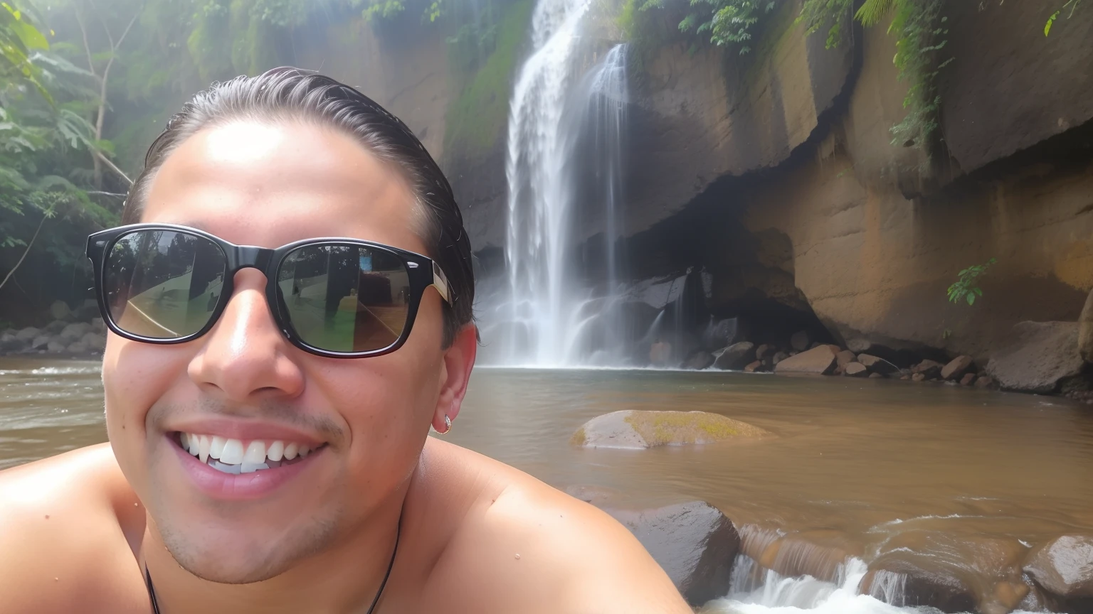 There's a man in sunglasses sitting in front of a waterfall, banho em cachoeira, ao lado de uma cachoeira, cachoeiras ao fundo, cachoeira ao fundo, em frente a uma cachoeira, com uma cachoeira, Standing in a waterfall, com cachoeiras, cachoeira no fundo, standing near a waterfall, sob uma cachoeira, brincando em cachoeiras