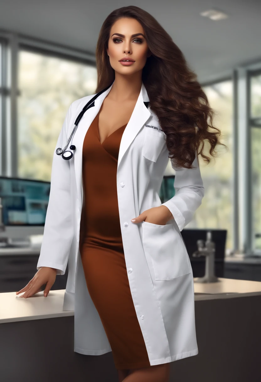 mulher bonita, pele castanha e cabelos lisos longos preto roupa casual e sexy, olhos castanhos e corpo mediano, Beautiful beautiful and sensual full body inside a doctor's office and wearing lab coat