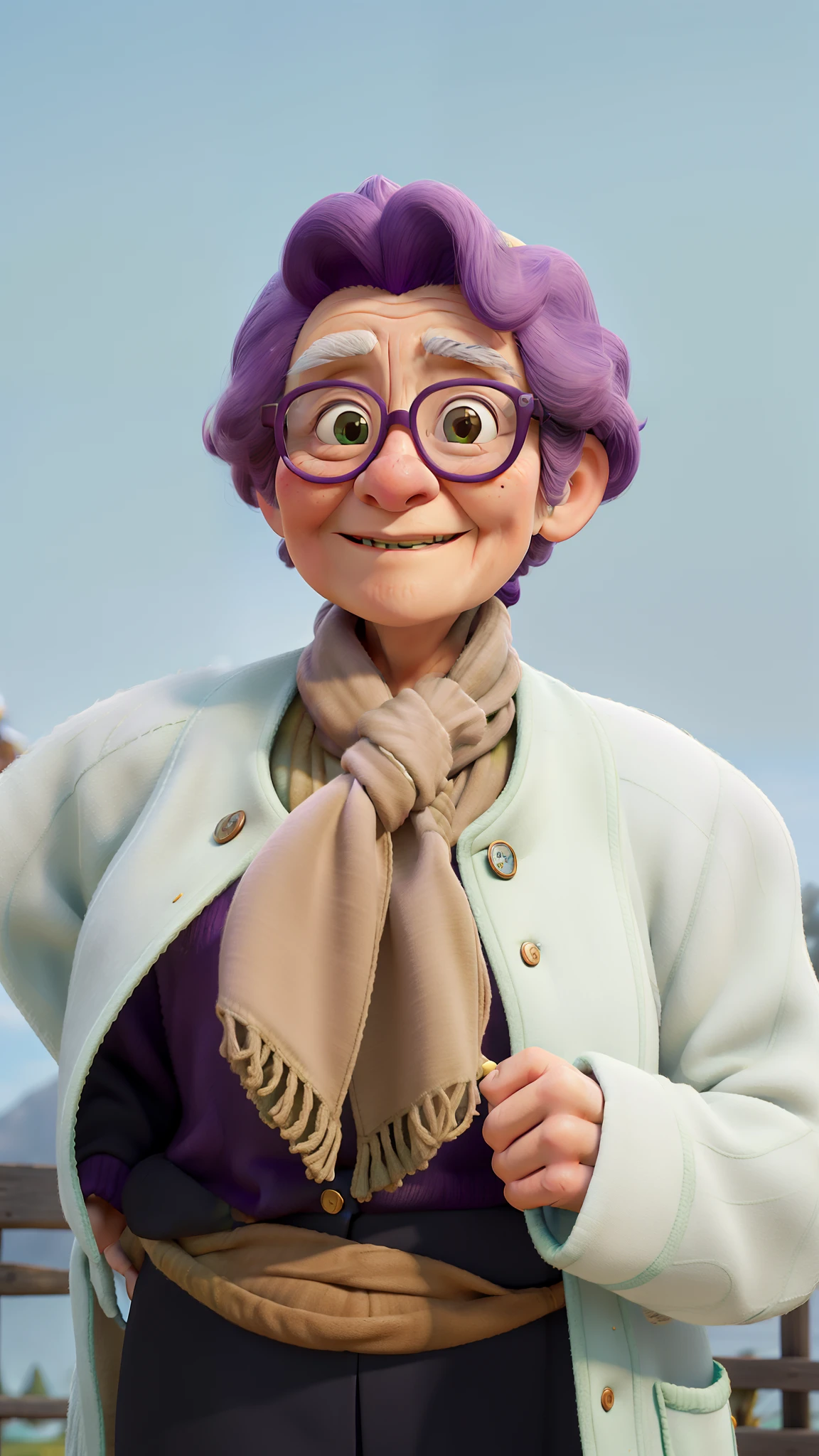 masterpiece, best quality, an old woman with glasses and a scarf on, wearing a purple coat and green scarf, standing at the park