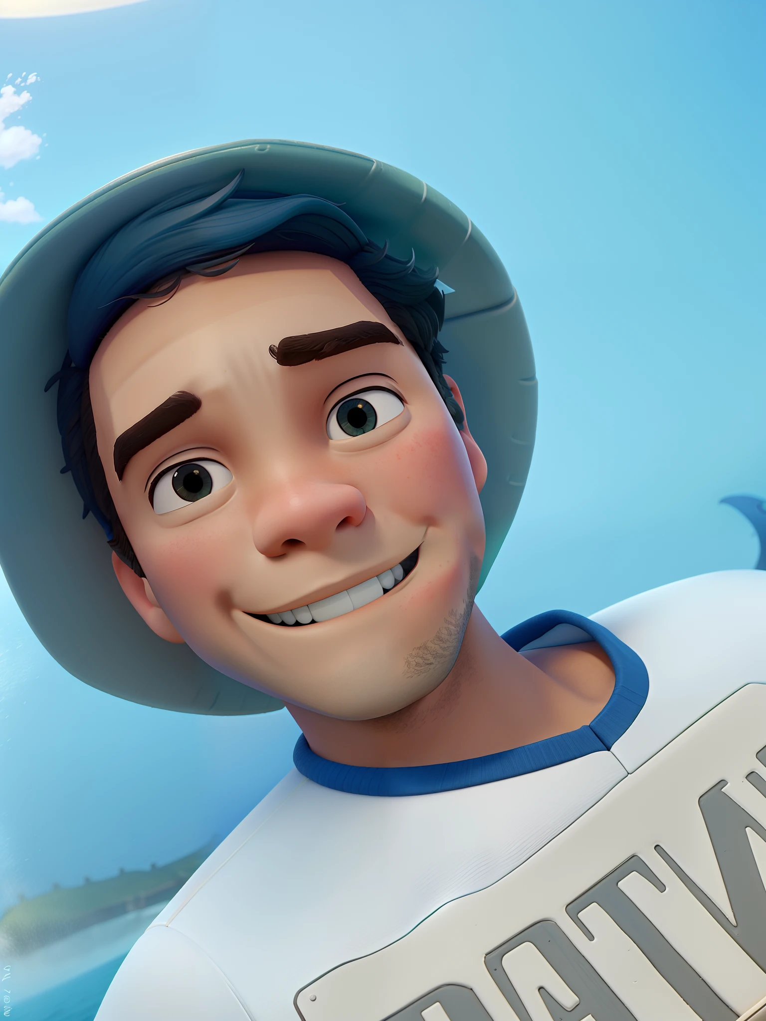 Menino marinheiro, uma ilha ao fundo e um navio com marinheiros divertidos no estilo Disney pixar com alta qualidade