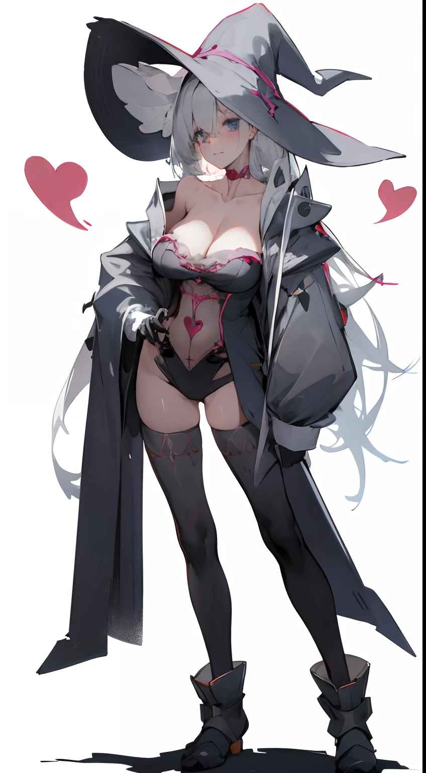 Leakage out of the collarbone,Neck leakage,Heart-shaped decoration,sorceress woman,wearing a witch hat,stand posture,standing straight,black lence stockings,
