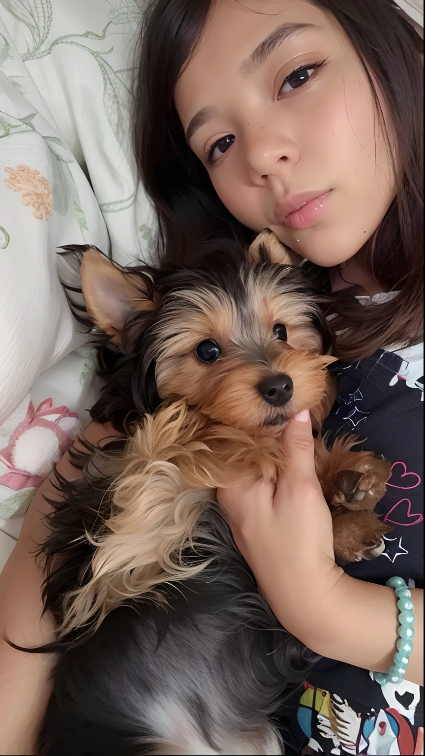  arafed deitada na cama com um cachorro pequeno em seu colo, segurando seu Yorkshire Terrier, Yorkshire Terrier, aw, fofo e fofinho, imagem de perfil, Upload de alta qualidade, adorable and furry, with his hyperactive little dog, peludo bonito precisa de sua ajuda, small dog, arte mista, Dog cute, Directed by: Emma Andijewska, 18 anos