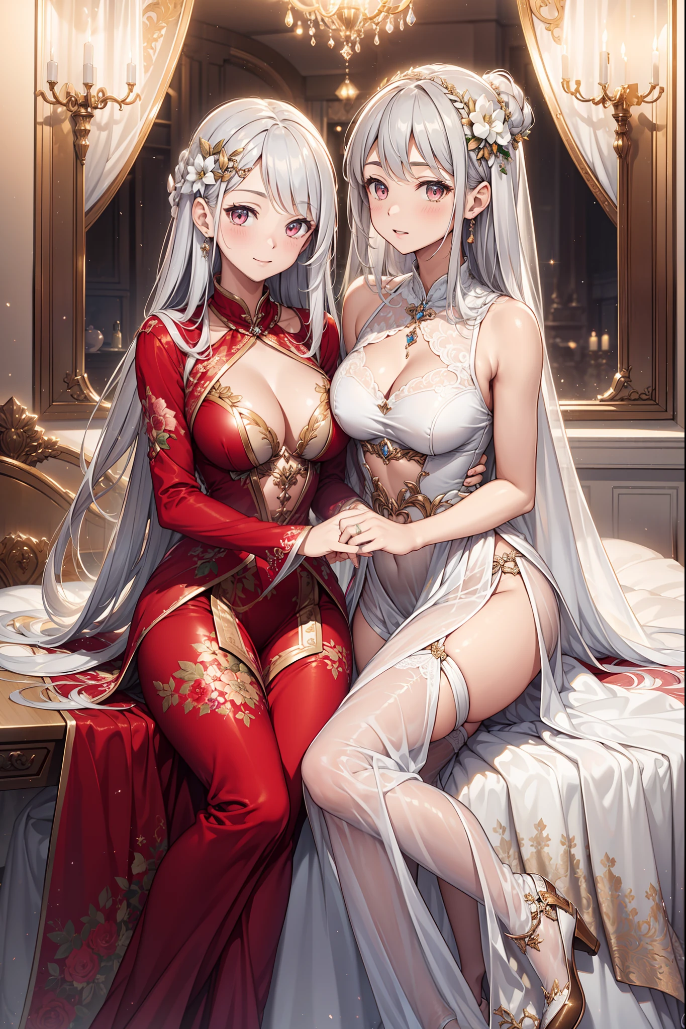 (Best quality,4K,8K,A high resolution,Masterpiece:1.2),Ultra-detailed,Beautiful girl,Enchanted,Enchanting,cheerfulness,divino,Magical effect,Silver-white hair,Pale pink wedding dress,Love eyes，Bridal dress,Sophisticated attire,detailed lace,Bedroom,Solitude,during night,lacepantyhose,Sacred stripes,see-through transparent clothes