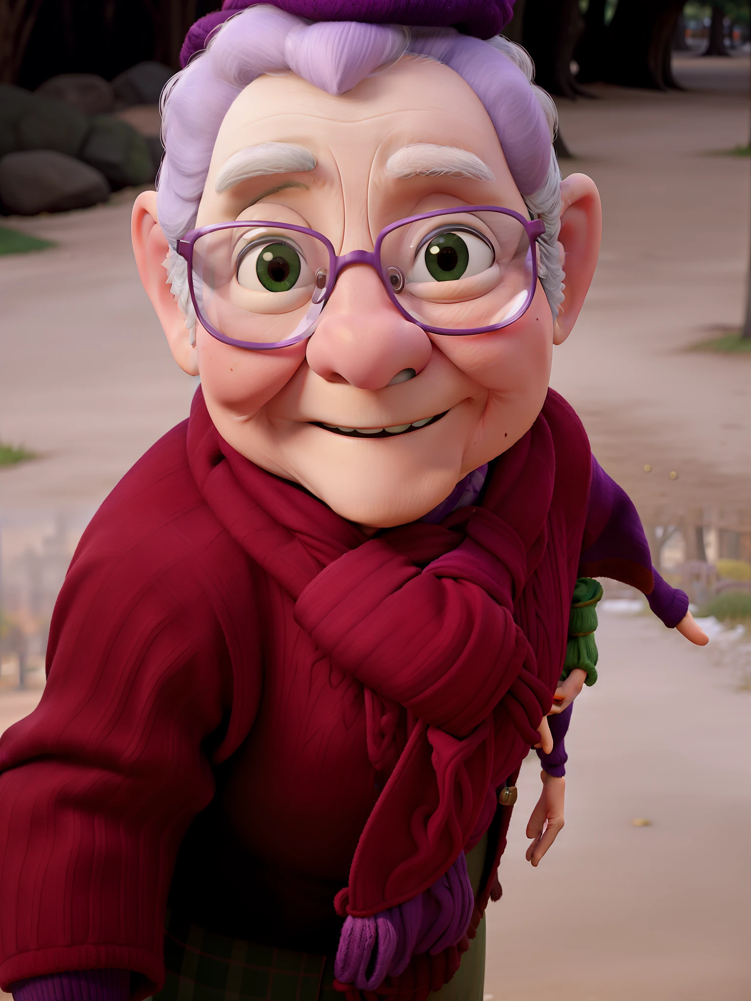 masterpiece, best quality, an old woman with glasses and a scarf on, wearing a purple coat and green scarf, standing at the park