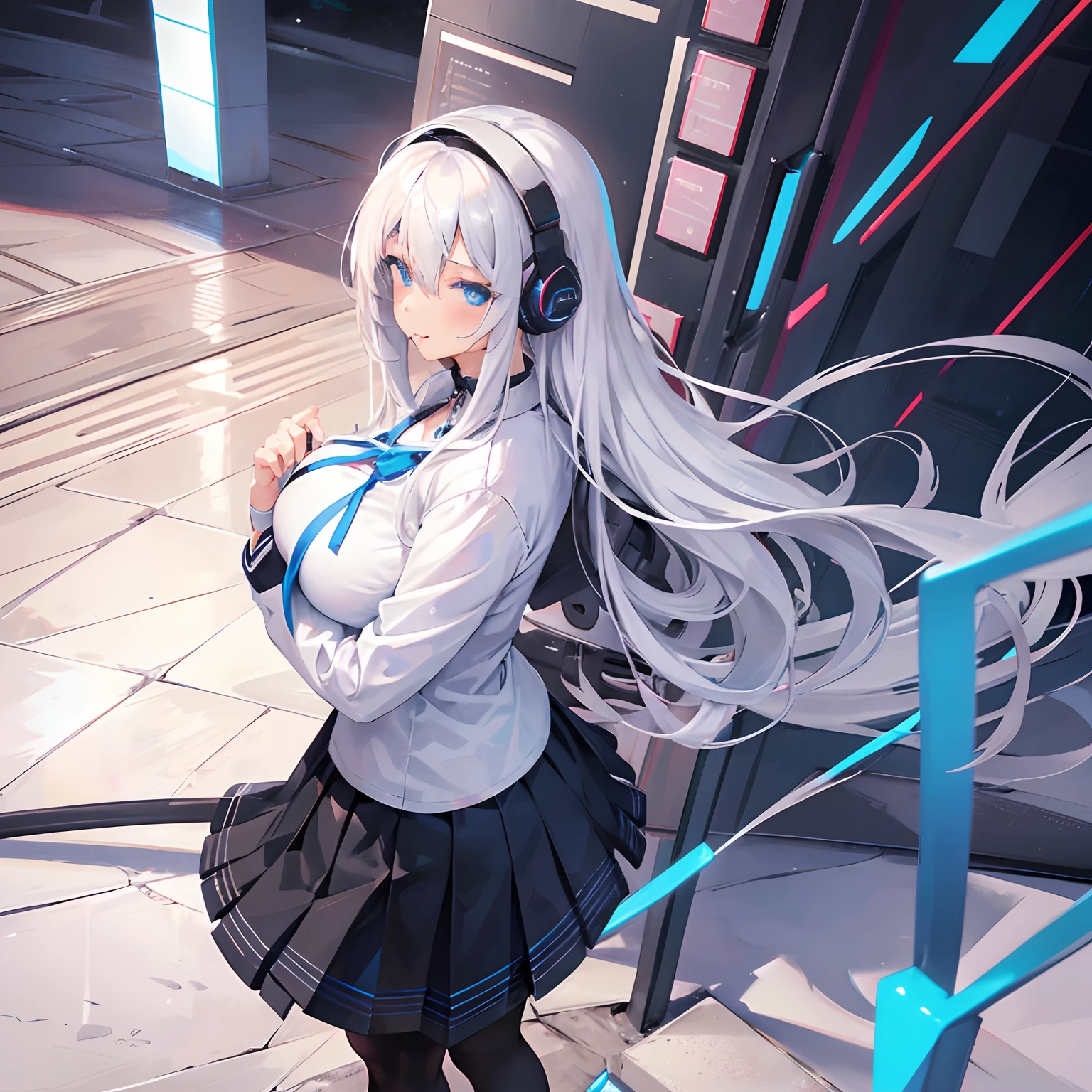 "anime girl, 1 person, silver white hair mixed with black, blue eyes, wearing headphones, female shirt, female school uniform, big breasts, chin in hand, tights, standing cross-legged, licking lips, side view, (full HD 4K+ image)"