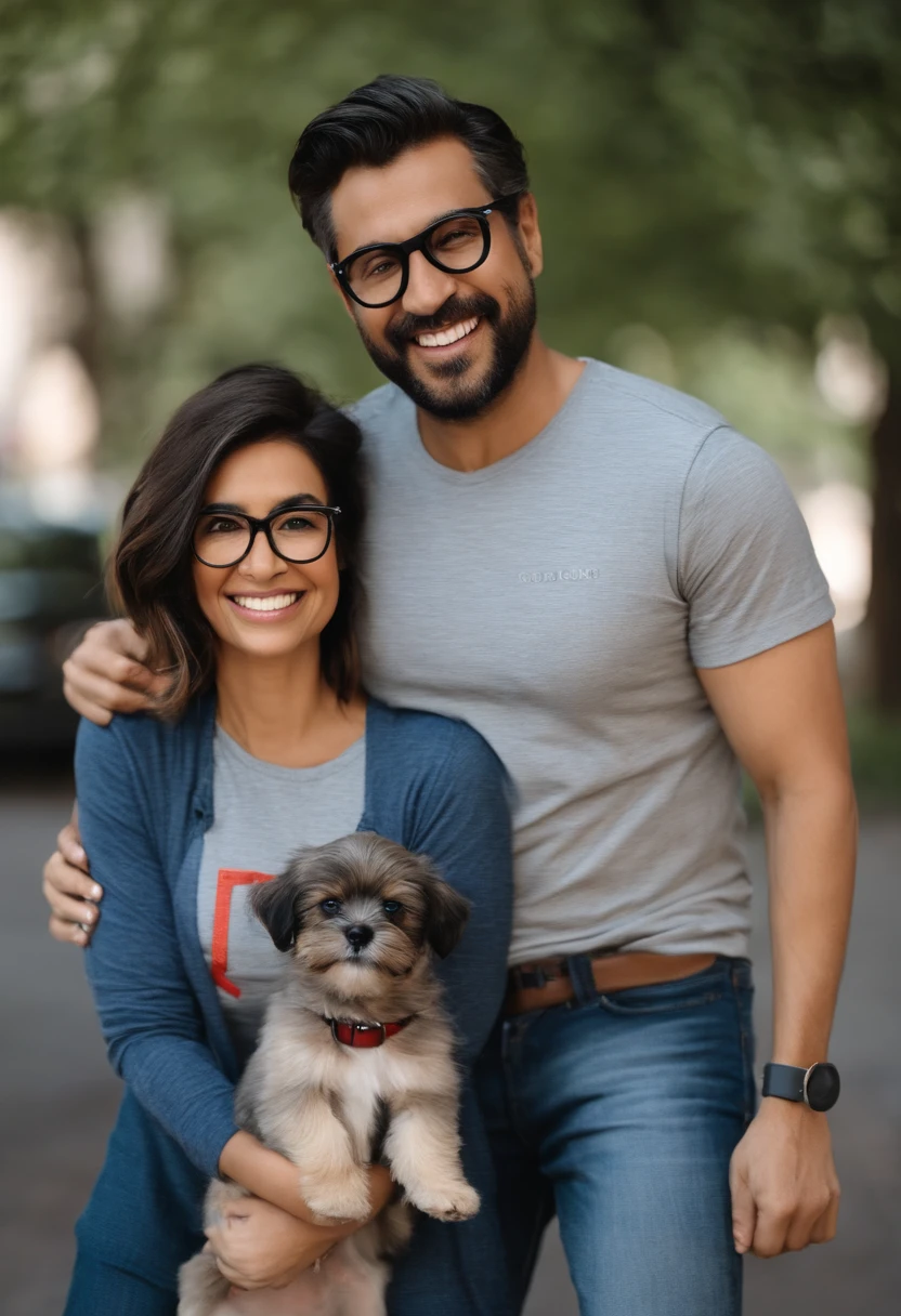 Pixar. Casal com um filhote de cachorro lhasa apso preto. A menina tem os cabelos vermelho amarrados, Camiseta cinza e jeans claro, black glasses. O menino de cabelos loiro com cabelos grisalhos, olhos verdes, Dark blue jeans and gray t-shirt. They are both smiling and are 40 years old