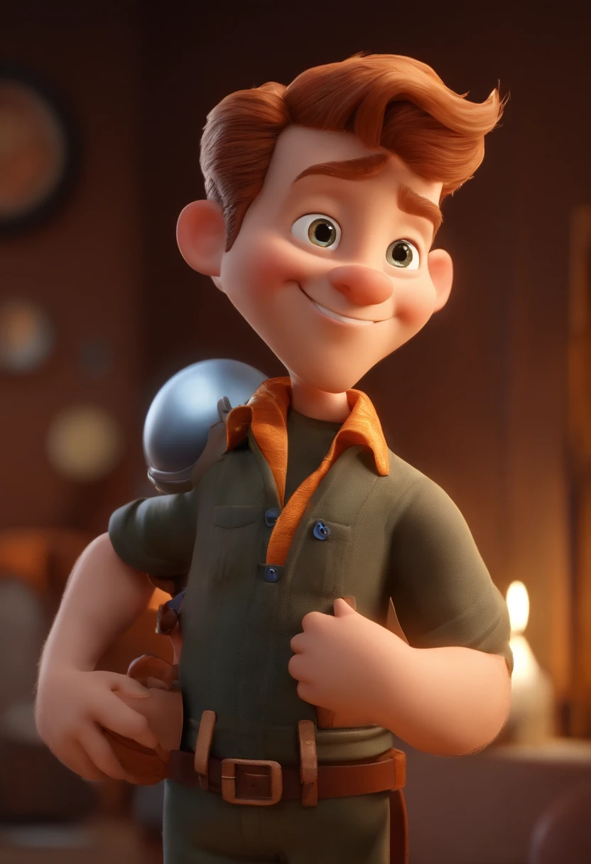 Personagem de desenho animado estilo pixar de um homem usando loiro, cabelo careca, sorridente, olhos castanhos pequenos, Square head, sorriso largo, usando camiseta preta e sobretudo amarelo queimado e com barba rala, um personagem animado, Caractere estilizado, animation style rendering, 3D estilizado, Arnold Maya render, 3 d render stylized, toon render keyshot, Personagem 3D, Personagem 3D, 3d rendering stylized, 3 d character render, personagem de desenho animado, Personagem de close up, Pose de personagem, (Estilo Pixar) (master part:1.2) (Bokeh) (best quality) (pele detalhada) (textura detalhada) (8k) (argila) (Cinematic lighting) (foco nítido，Senta e vaza a parte superior do corpo