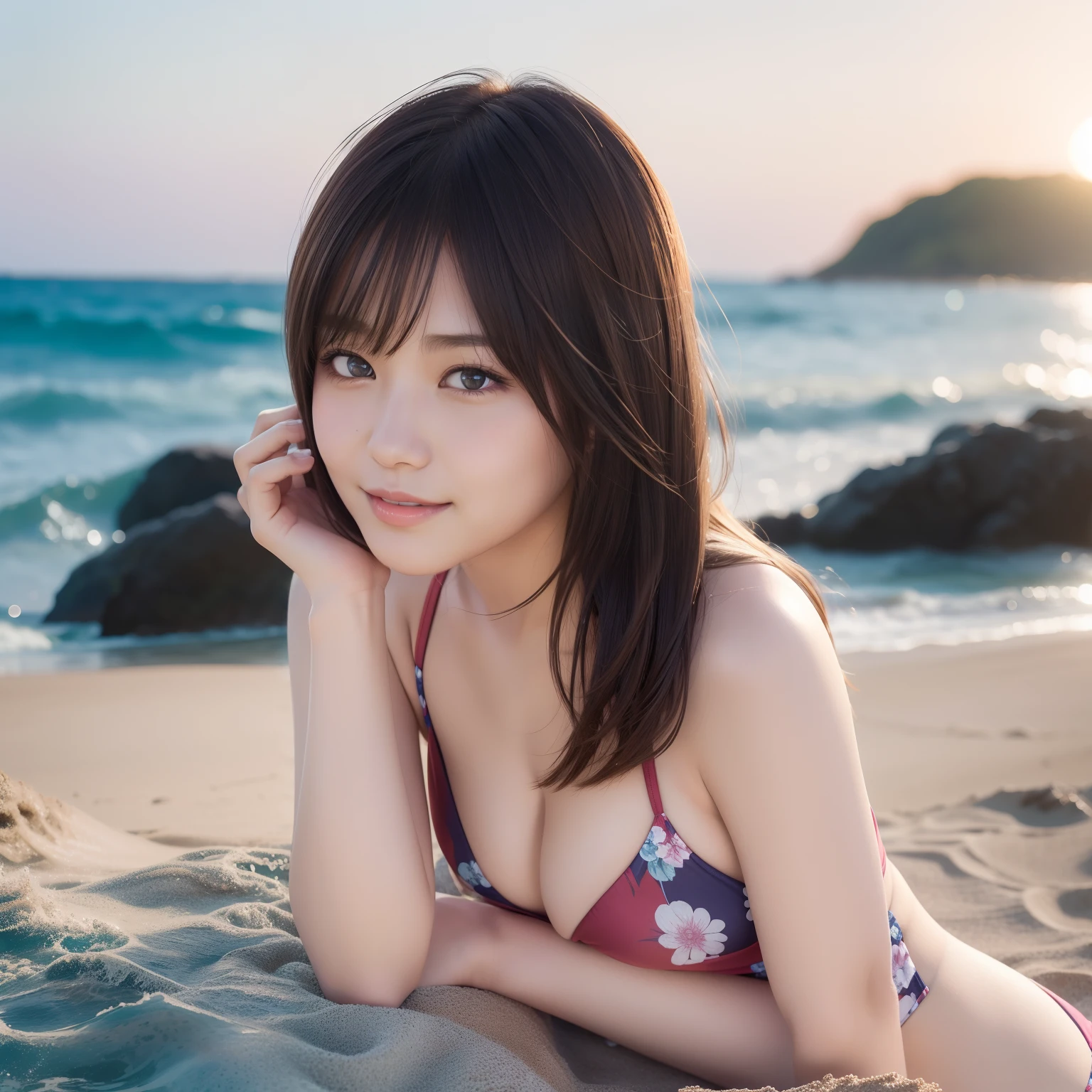 Beautiful eyes、natural skin textures:1.1, realistic eyes and face details:1.7、8K,Best Quality:1.4, 超A high resolution:1.5, (Photorealistic:1.4),masterpiece:1.2,(top-quality:1.4)、 Raw photo、 (upper thigh:1.1, From Side:0.7), (the background is blurred), sea side, sand beach, 1日本人の女の子, Cute, (Solo), (Shy smile), Smooth skin, (Brown medium hair,Bangs), (touch hair:1.4),nogizaka,Cute swimsuit,Supple fingertips,、Floral Bikini、middlebreasts、Backshots、the setting sun、Gravure Pose、Toned buttocks、Hands behind your head