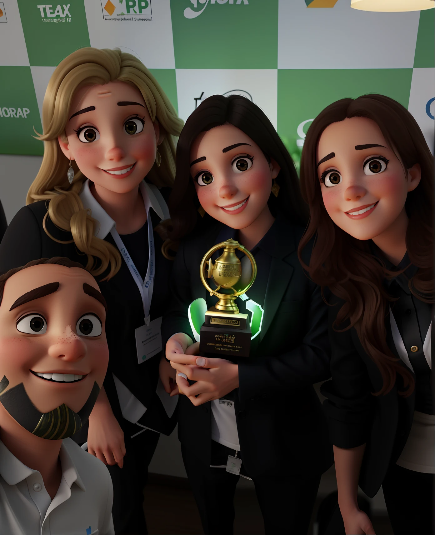 Team with trophy in hand at a real estate event, luz iluminando o o ambiente, com uma mulher loira e as outras duas brancas e um homem moreno.