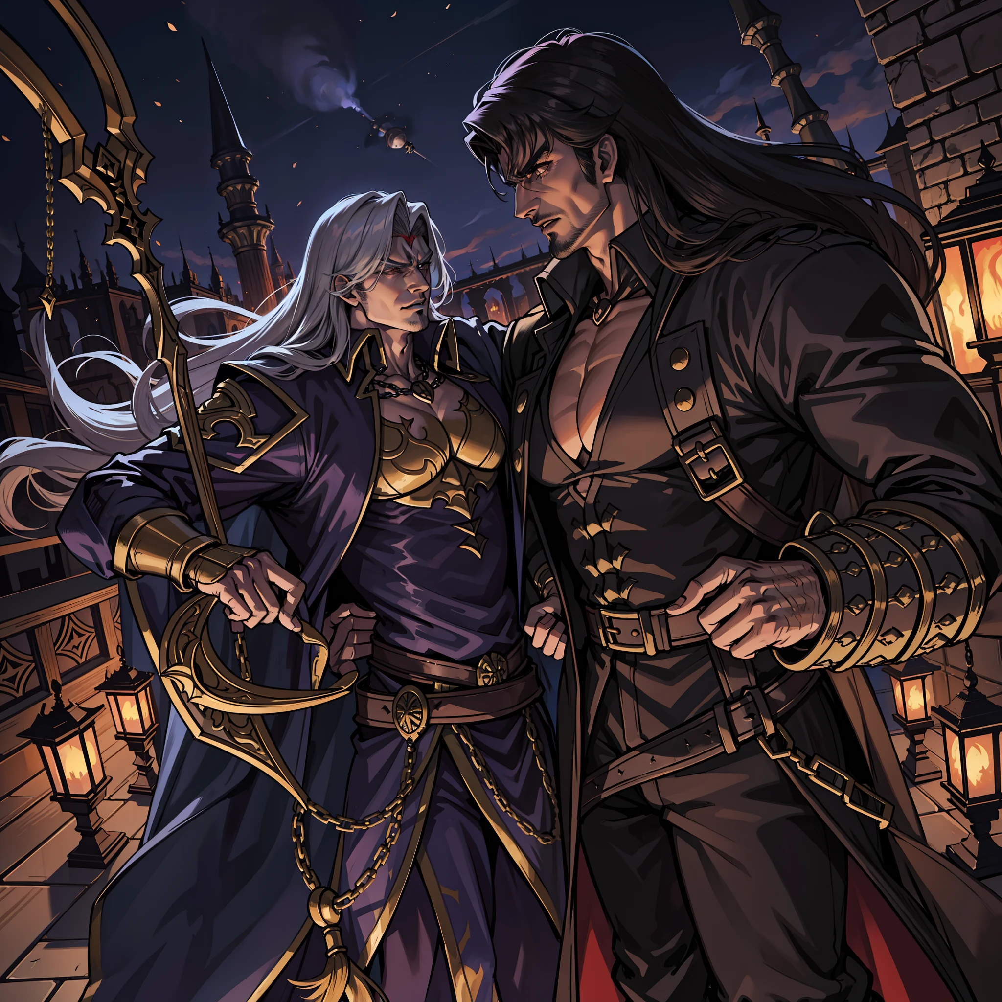Castlevania Hyper Realistic Lord of Shadows Super Detailed Moroccan Arabic Lord Dracula Muscular Hokuto no Ken kenshiro , fearless, Scary handsome man leading an army of jinns 10 jinns around him War Battle Atmosphere Portrait