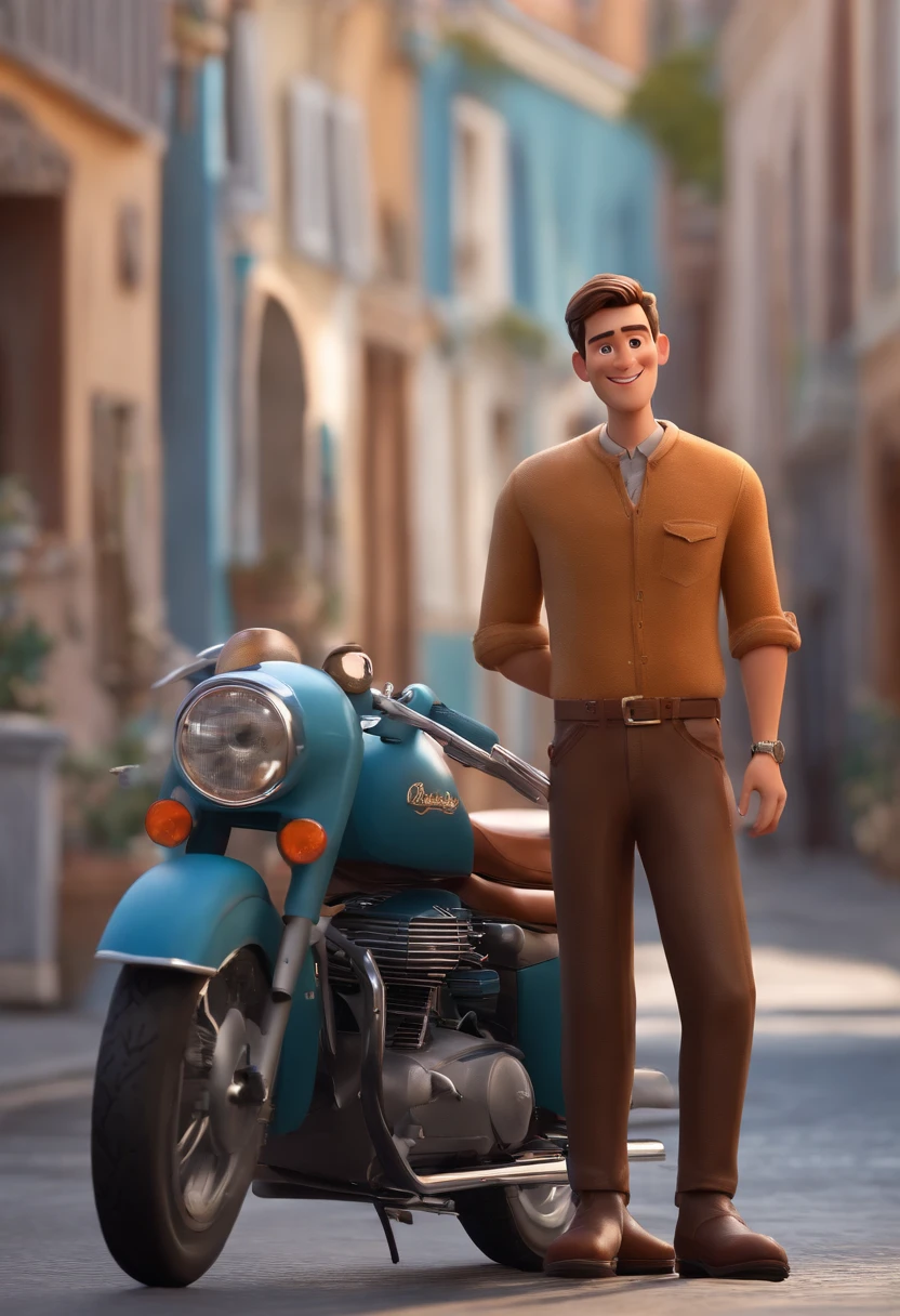 a happy man standing short hair, vestindo uma roupa de motoqueiro, , fundo branco, barnet, Tom, Estilo Pixar, ....3d, desenhos animados, rosto detalhado, asymmetrical 16k