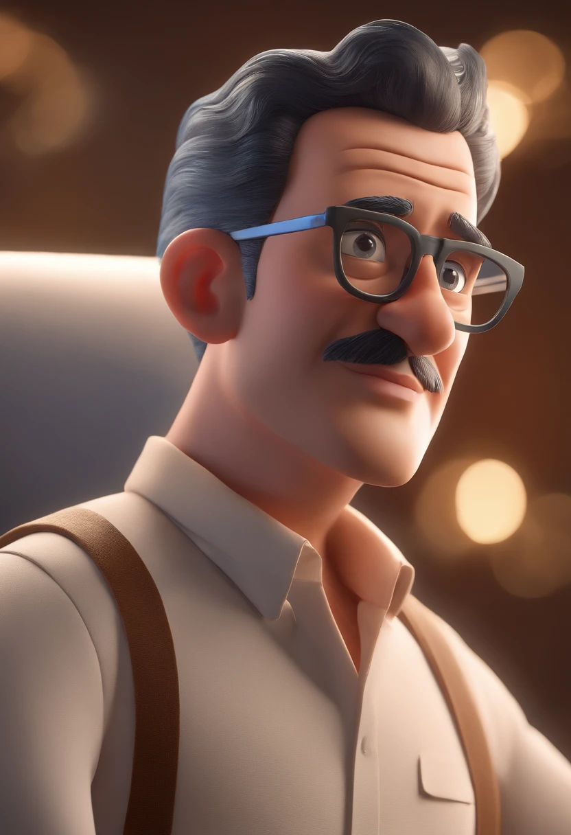 Cartoon character of a man with black glasses and a blue shirt, animation character, Caractere estilizado, animation style rendering, 3D estilizado, Arnold Maya render, 3 d render stylized, toon render keyshot, Personagem 3D, Personagem 3D, 3d rendering stylized, 3 d character render, personagem de desenho animado, Personagem de close up, Pose de personagem,  (Estilo Pixar) (master part:1.2) (Bokeh) (best quality) (pele detalhada) (textura detalhada) (8k) (argila) (Cinematic lighting) (foco nítido