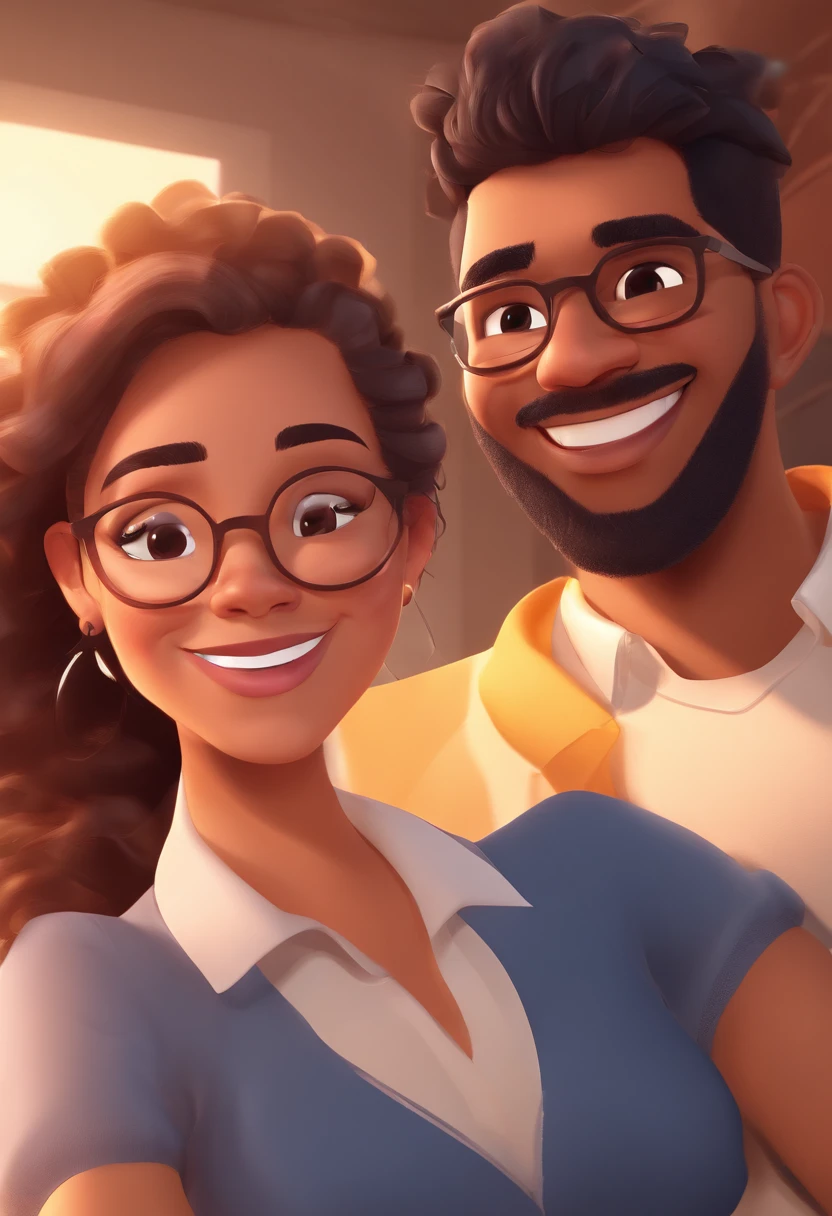 An illustration of an adorable couple, Highlight for a chubby mulatto man with glasses smiling and a brunette woman with beautiful expressive eyes - the man's skin is mulatto and the man's hair haswhile the woman's skin is black and the woman's hair is straight and brown. They are a bright room, cada um com um sorriso no rosto, e compartilhar um momento especial caracterizado pelo amor, Insights. Illustrate this scene from a perspective where they are facing the camera, Smiling and Showing Your Connection. Desenvolva esta arte em Full HD, Focus on your cinematic touch, Estilo Disney Pixar Animations
