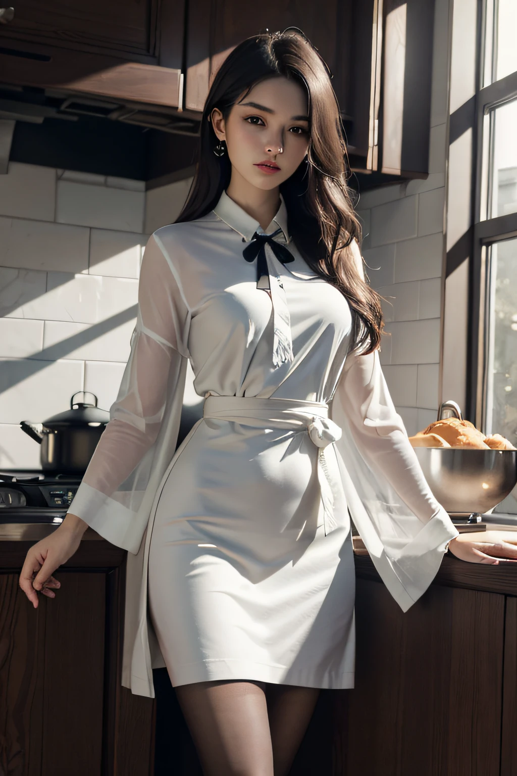 best quality, masterpiece, 8k, ultra high res, (photorealistic:1.4), highly detailed, intricate detail, delicate and beautiful, good lighting, professional lighting, sharp focus, detailed shadows, exquisite details and textures, depth of field, unity 8k wallpaper, cinematic composition, cinematic lighting, official art, kitchen, cooking turkey, cooking robe, thanksgiving day, black pantyhose, beautiful elegant face, detailed face, detailed eyes, realistic hair, long hair, (1girl), (standing:1.3),