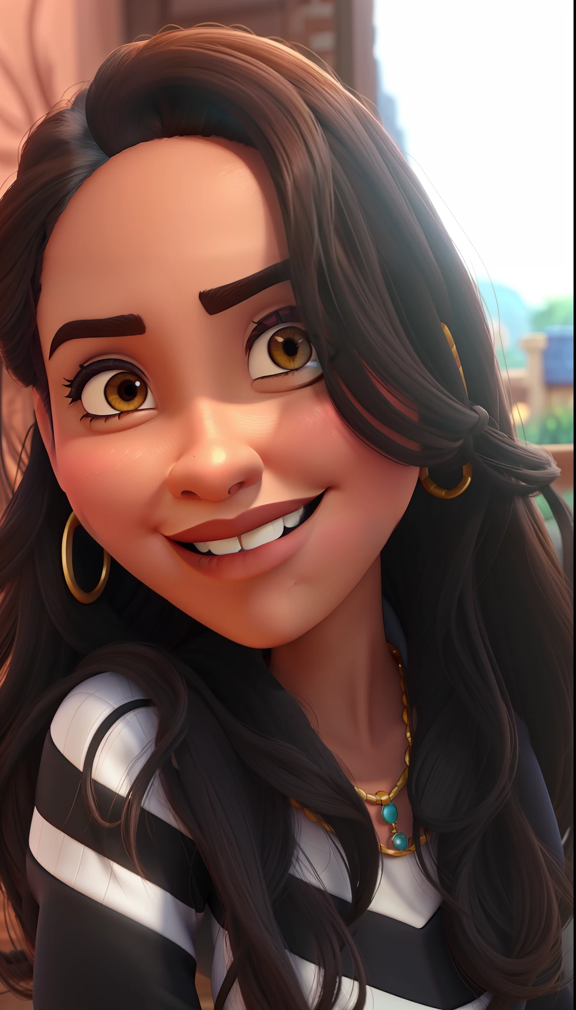 Disney Pixar style poster of a beautiful woman with brown skin, with traces of the Middle East, olhos castanhos escuros, Prominent cheekbones. Cabelos lisos. nariz bem definido. Estilo Disney Pixar, alta qualidade, best quality.