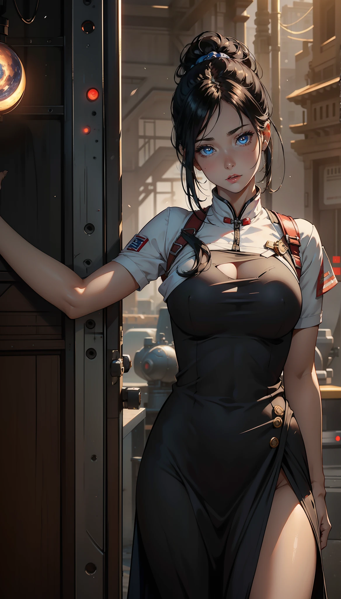 1female,35yo,plumw,extremely large bosom, 独奏,(Background with:hospitals,) She has short black hair,Stand in the operating room,,seen from the front, Twist braids, mostly cloudy sky,(((tmasterpiece),(Very detailed CG unity 8K wallpaper),best qualtiy,cinmatic lighting,detailed back ground,beatiful detailed eyes,Bright pupils,Blue eyes,Snow-whiteskin,Redlip(Very fine and beautiful),(Beautiful and detailed eye description),ultra - detailed,tmasterpiece,))facing at camera,A high resolution,ultra - detailed),revealing breasts,Bare genitalia, Bulge,legs are open,Raised sexy,Camel toes,Flushed complexion,Desire for dissatisfaction,frontage,Soviet female nurse,Nurse hat,Dark blue nurse uniform,比基尼,Red Cross Mark