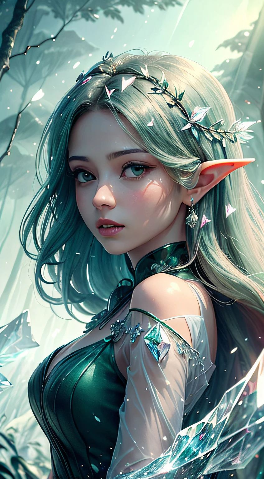 Anime girl with green hair and a green dress in a forest - SeaArt AI