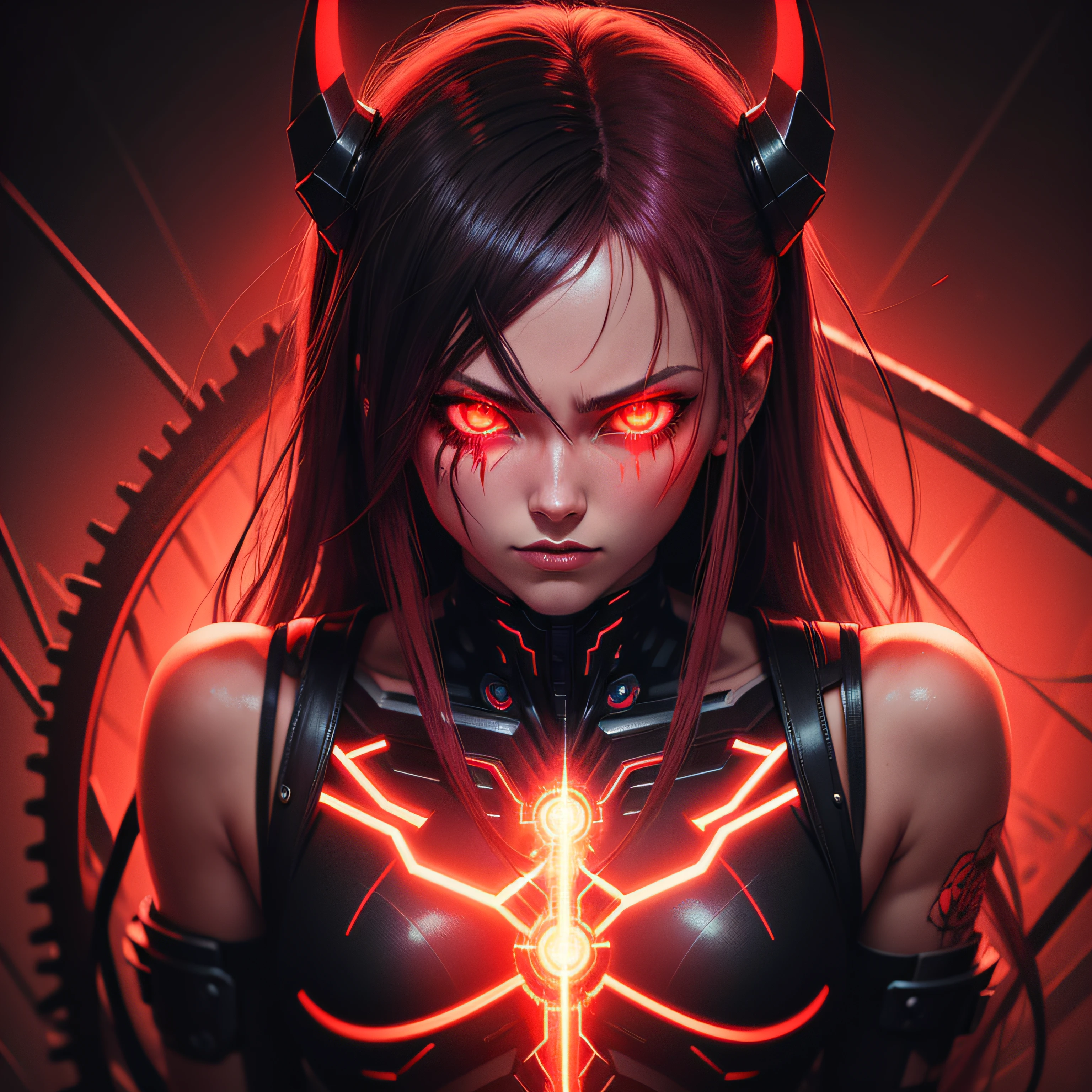 anime brazilian brain sick horror cover cyborg half demon creative background with neon red colors