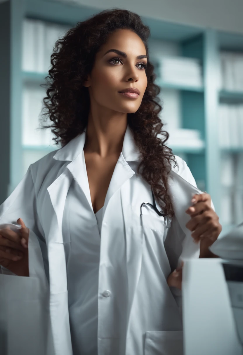 mulher bonita, negra e cabelos longos preto,olhos castanhos grandes e corpo mediano, Beautiful beautiful and sensual full body inside a doctor's office and wearing lab coat