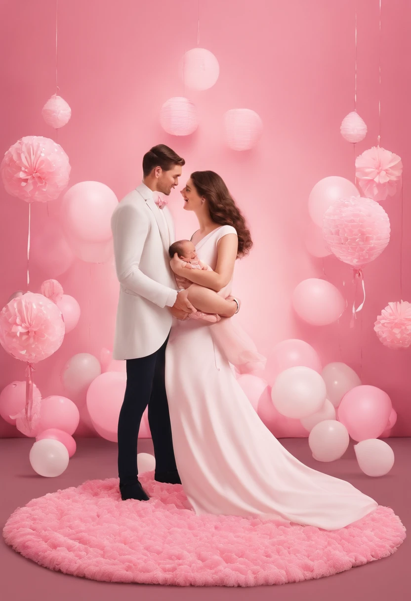 The image features a man and a woman sitting on the floor, with the woman holding a baby. They are surrounded by pink decorations, which suggest that they might be attending a baby shower or a similar event. The man is wearing a white shirt, and the woman is wearing a white dress. The baby is wearing a pink dress, which matches the pink theme of the event. The couple appears to be enjoying the occasion and posing for a picture pixar