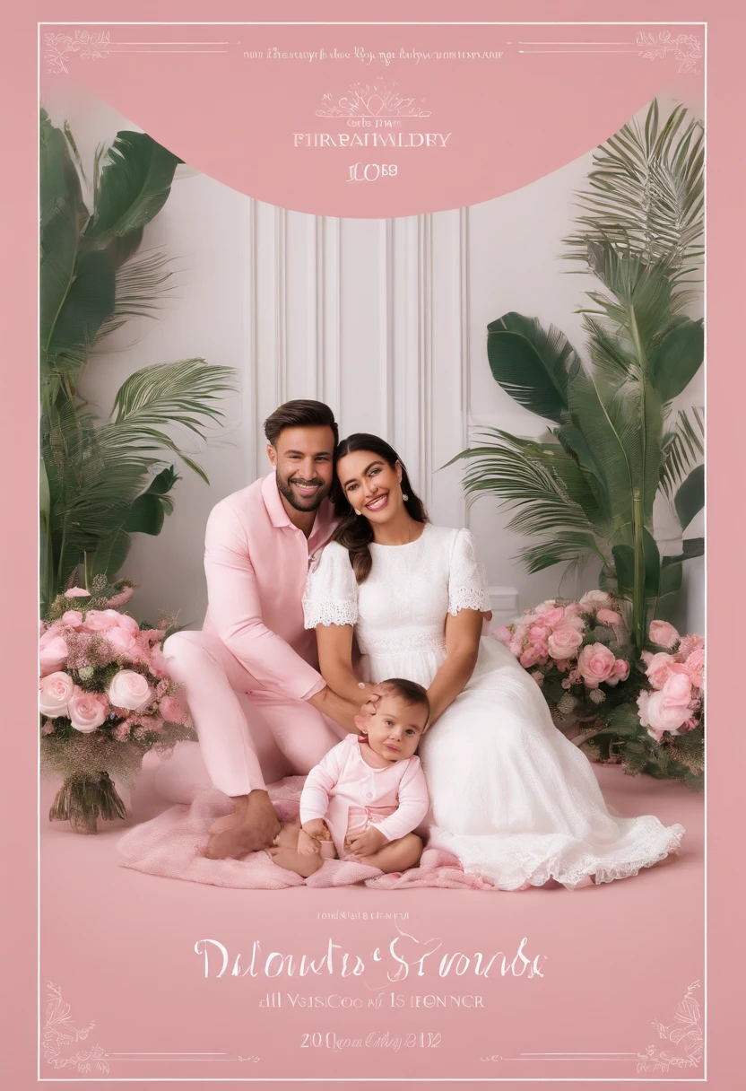 The image features a man and a woman sitting on the floor, with the woman holding a . They are surrounded by pink decorations, which suggest that they might be attending a babywer or a similar event. The man is wearing a white shirt, and the woman is wearing a white dress. The baby is ing a pink dress, which matches the pink theme of the event. The couple appears to be enjoying the occasion and posing for a picture pixar