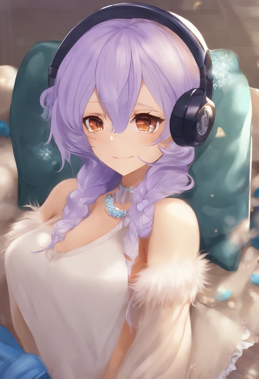 Uta (one piece), Oda Eiichirou,, , 1girl, :d, franja, fita azul, pupilas em forma de diamante, Diamante (forma), cabelo entre os olhos, headphones on head, cabelos longos, cabelos multicoloridos, boca aberta, Purple eyes, red hair, fita, camisa, assinatura, Mangas, camisa sem mangas, sorrir, sozinho, ((cabelos de cor dividida)), symbol-shaped pupils, cabelos brancos, camisa branca, mar, um olho coberto, Aquarela,, ,