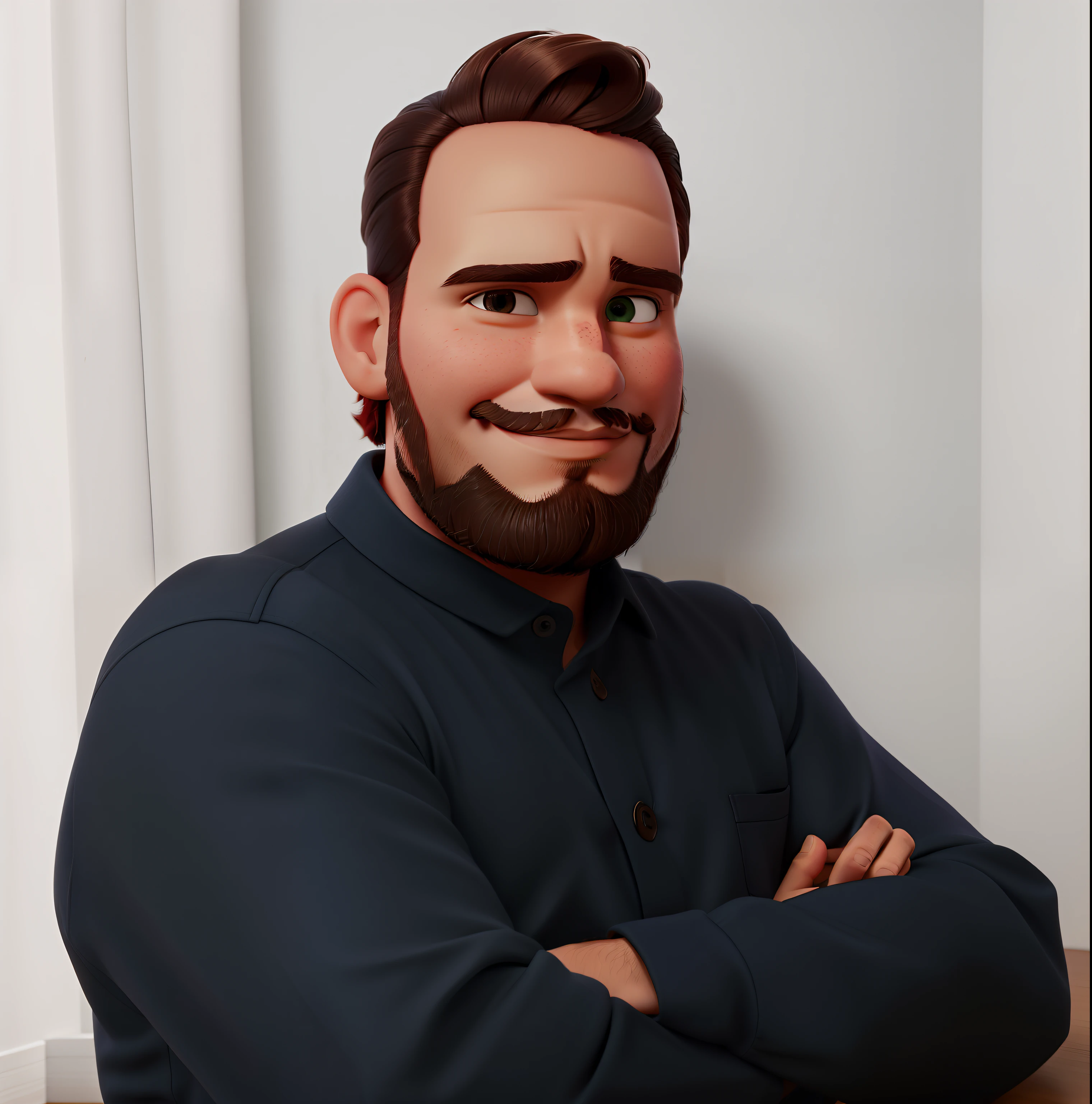 Um homem moreno com cabelo curto e barba grisalha, olhos castanhos mais gordinho