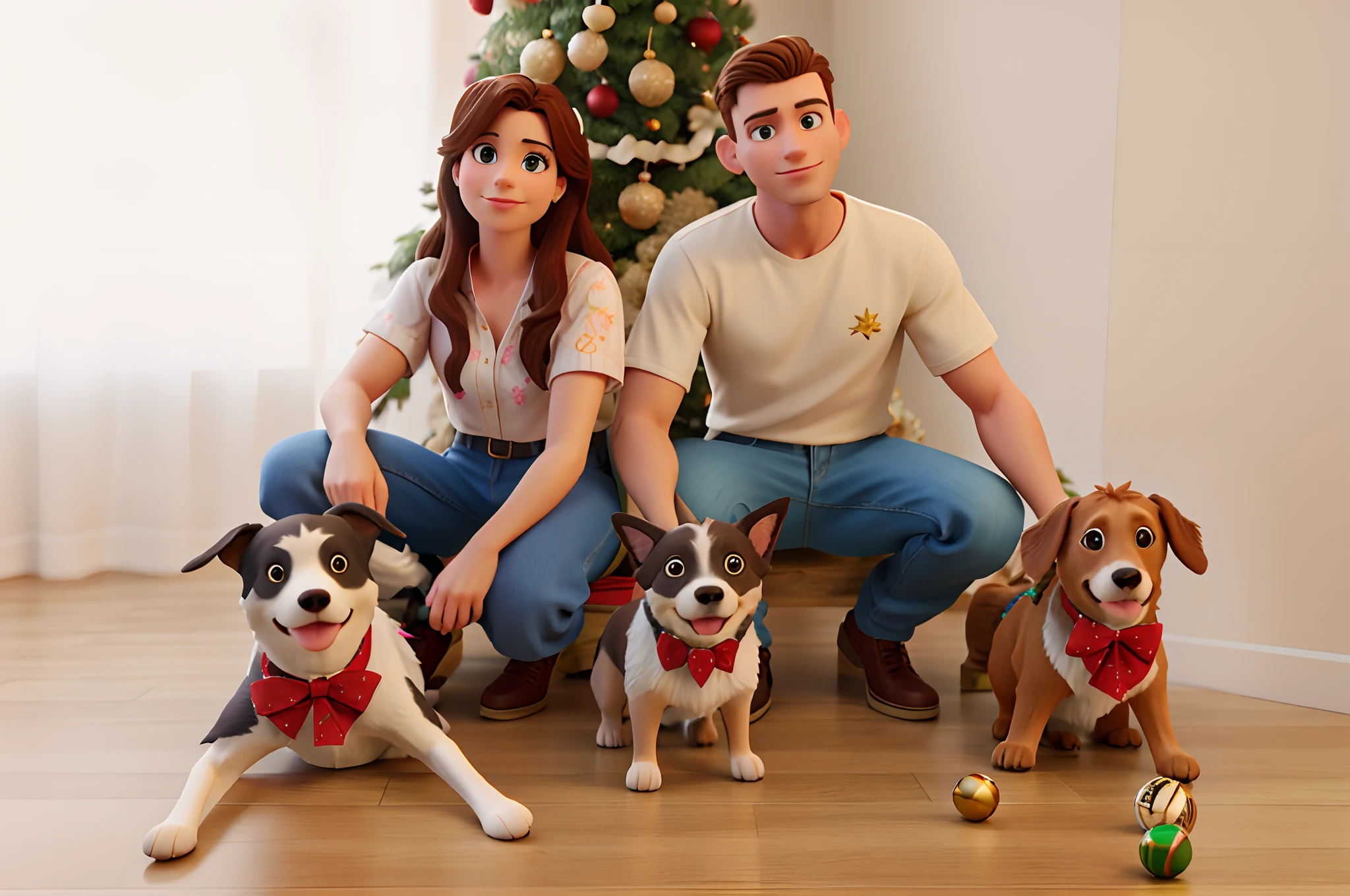 There are two people and two dogs sitting in front of a Christmas tree, realista estilo 3d, Disney fotorrealista, disney render, estilo realista, desenhos animados realistas, in style of disney animation, Cena realista, in cartoon style, animado ainda, filme realista ainda, promotional render, estilo fotorrealista, with dogs, estilo fotorrealista, Disney foto realista, official rendering