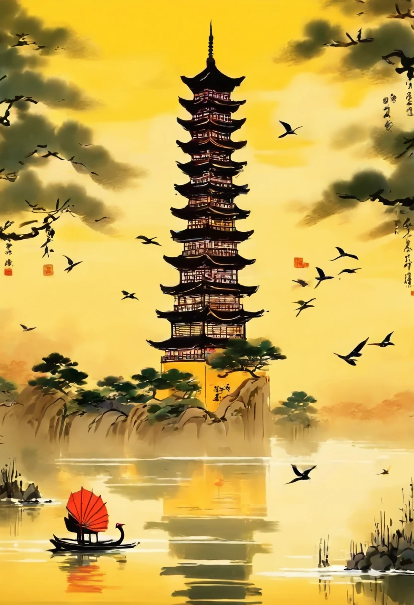 Yellow crane tower ,Dongting Lake,In the distance, The water and sky are colorful,Tradition Chinese Ink Painting,wide high angle view,Beautiful poster,Qi Baishi