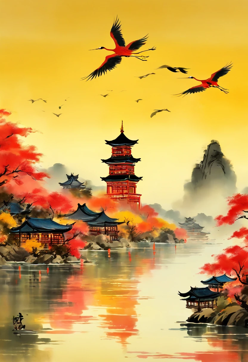 Yellow crane tower ，Dongting Lake，In the distance, The water and sky are colorful，Tradition Chinese Ink Painting，wide high angle view，Beautiful poster，Qi Baishi