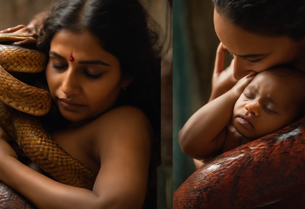 Full body a naked indian mother and young daughter in labor with sperm all over her body, giving birth a giant snake, in so much pain crying, a snake came out through they vagina.