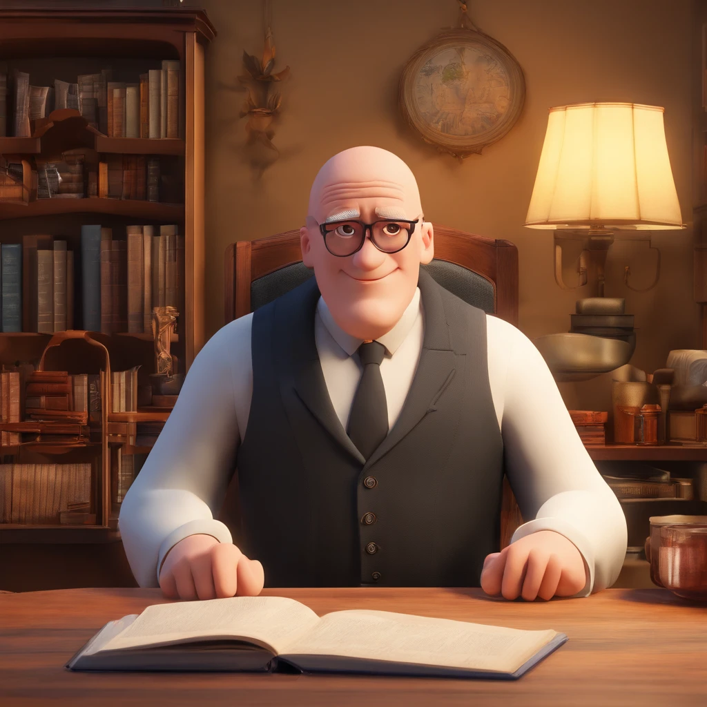 Crie um cartaz inspirado na Disney Pixar com o personagem sendo o pastor Rubens Janier, A completely bald man wearing glasses, in an office with a Bible on the table