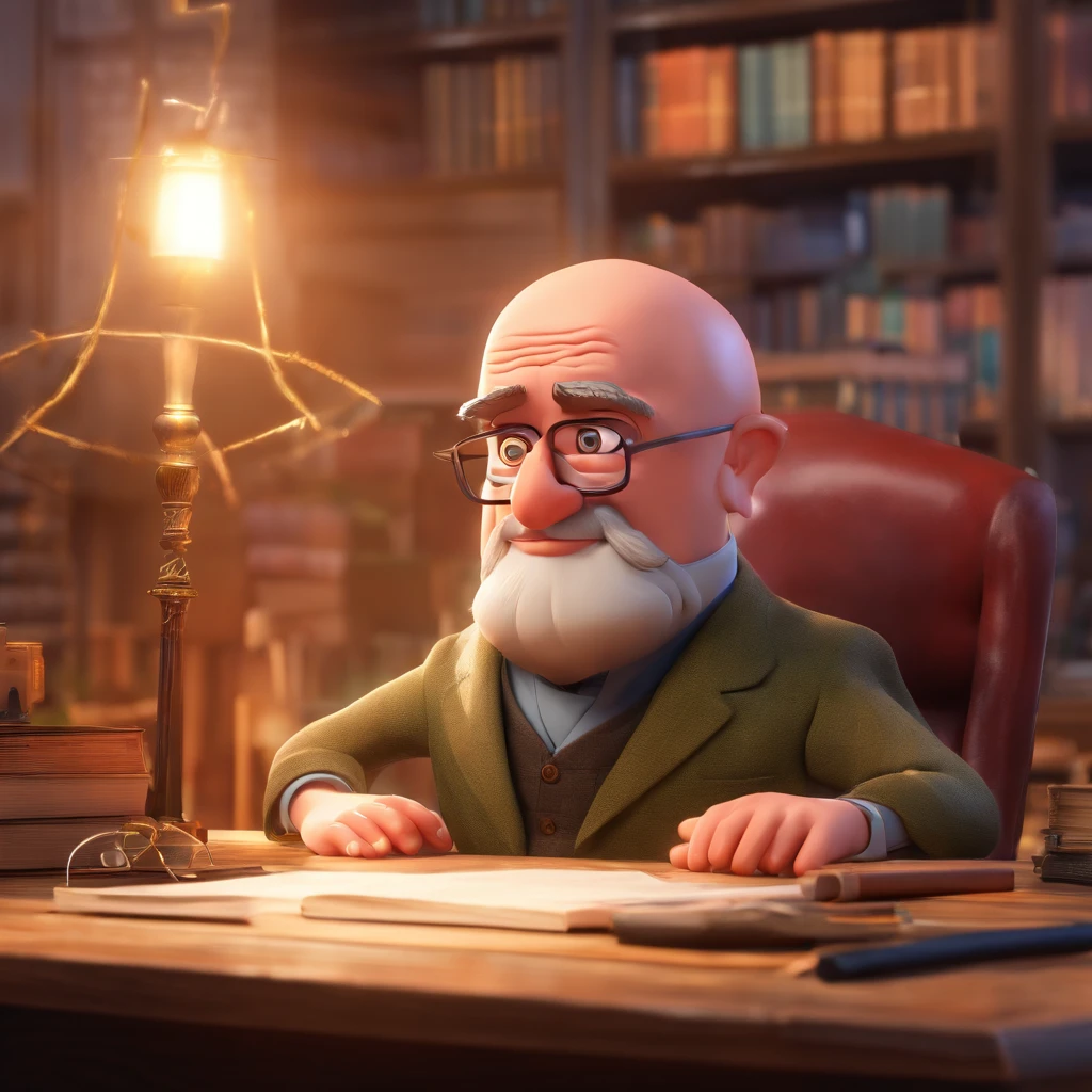 Crie um cartaz inspirado na Disney Pixar com o personagem sendo o pastor Rubens Janier, A completely bald man wearing glasses, in an office with a Bible on the table